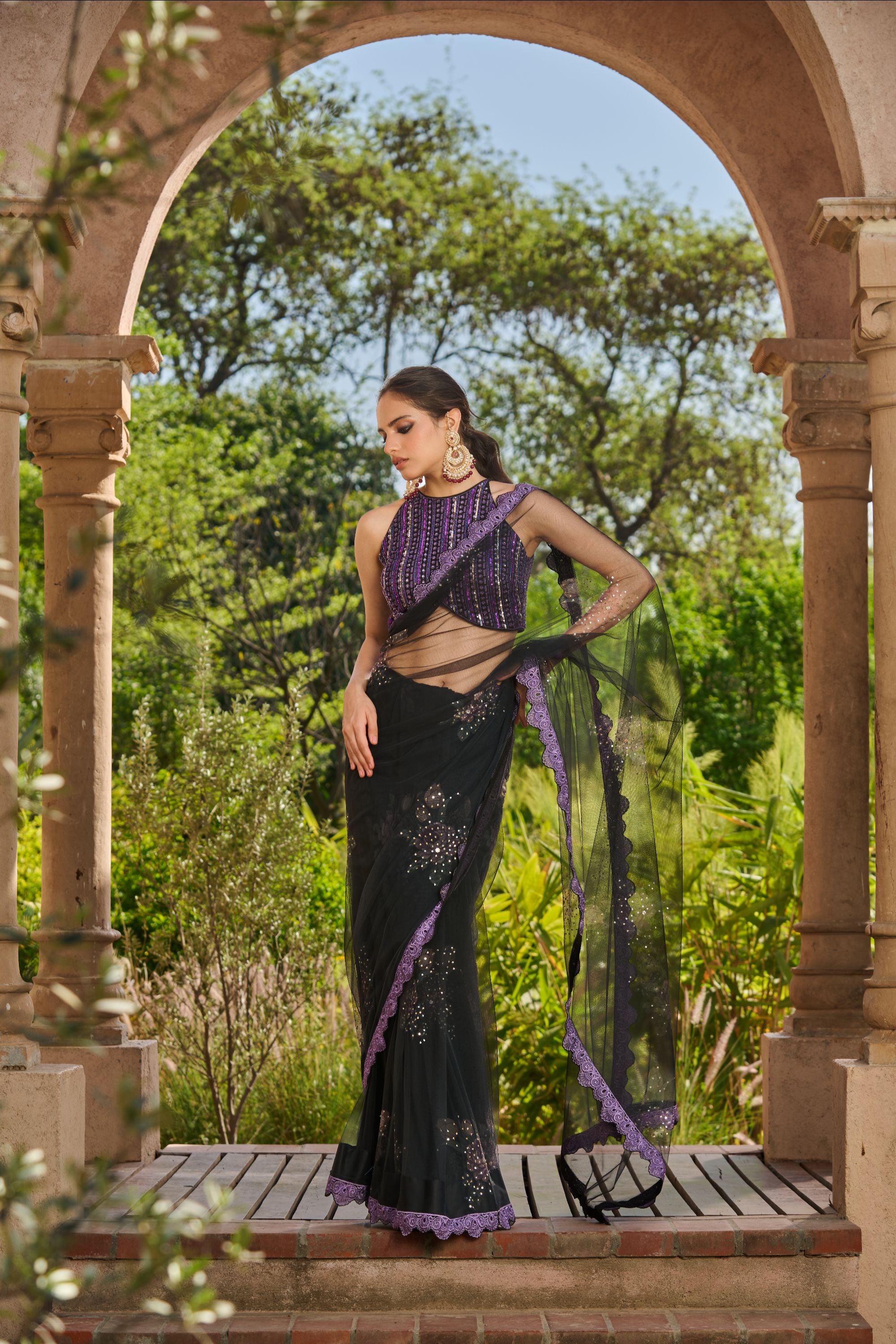 Hand Embroidered Blouse with Printed Embelished Saree and Petticoat