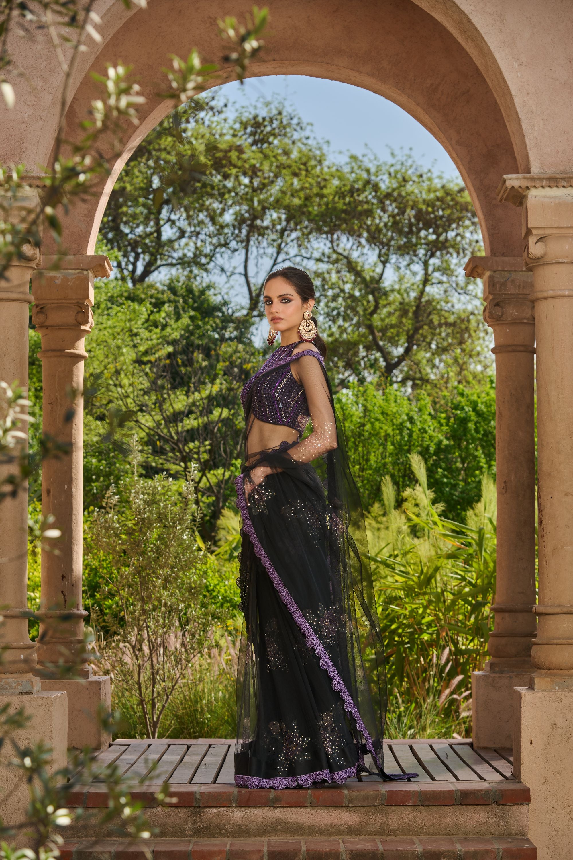 Hand Embroidered Blouse with Printed Embelished Saree and Petticoat