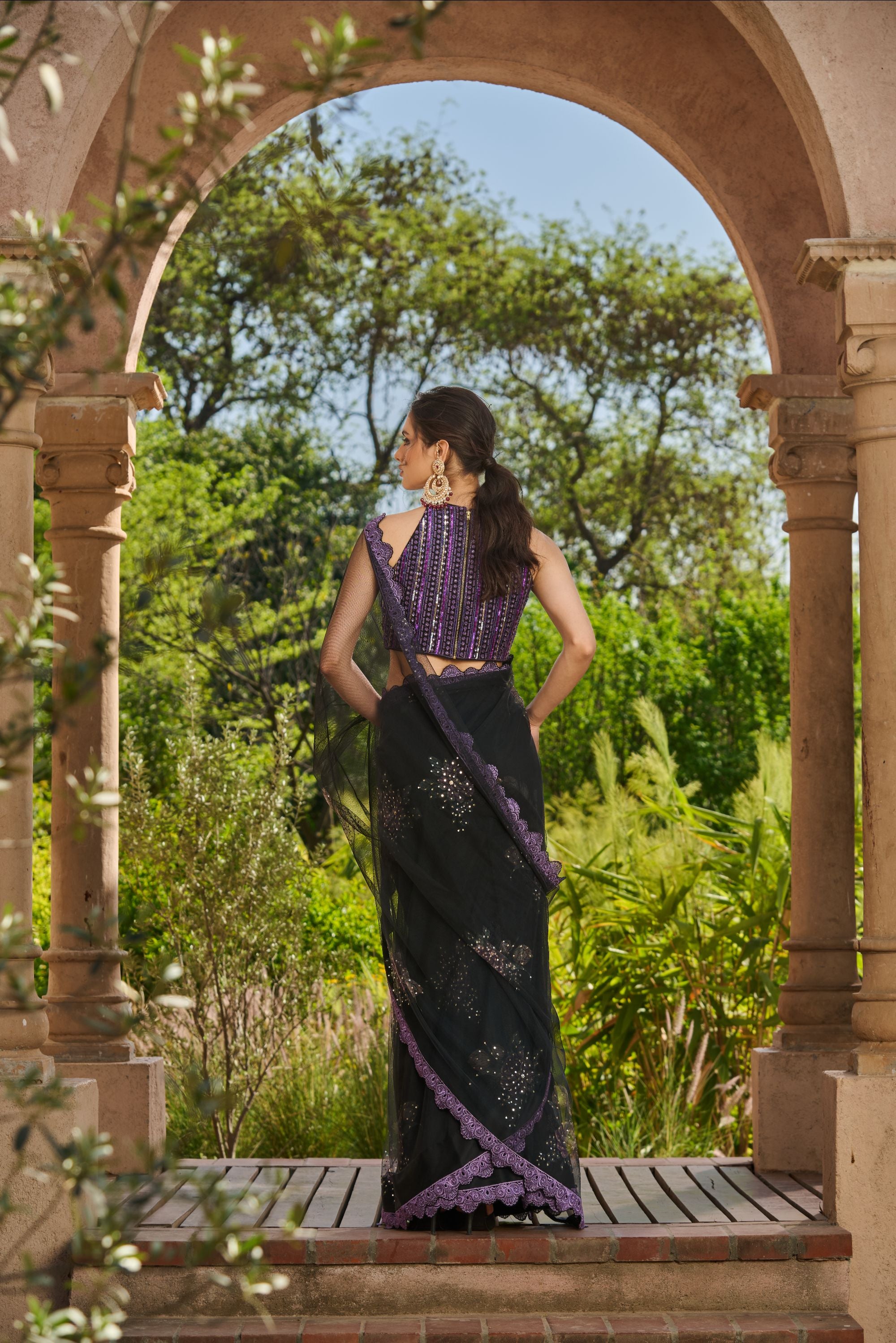 Hand Embroidered Blouse with Printed Embelished Saree and Petticoat