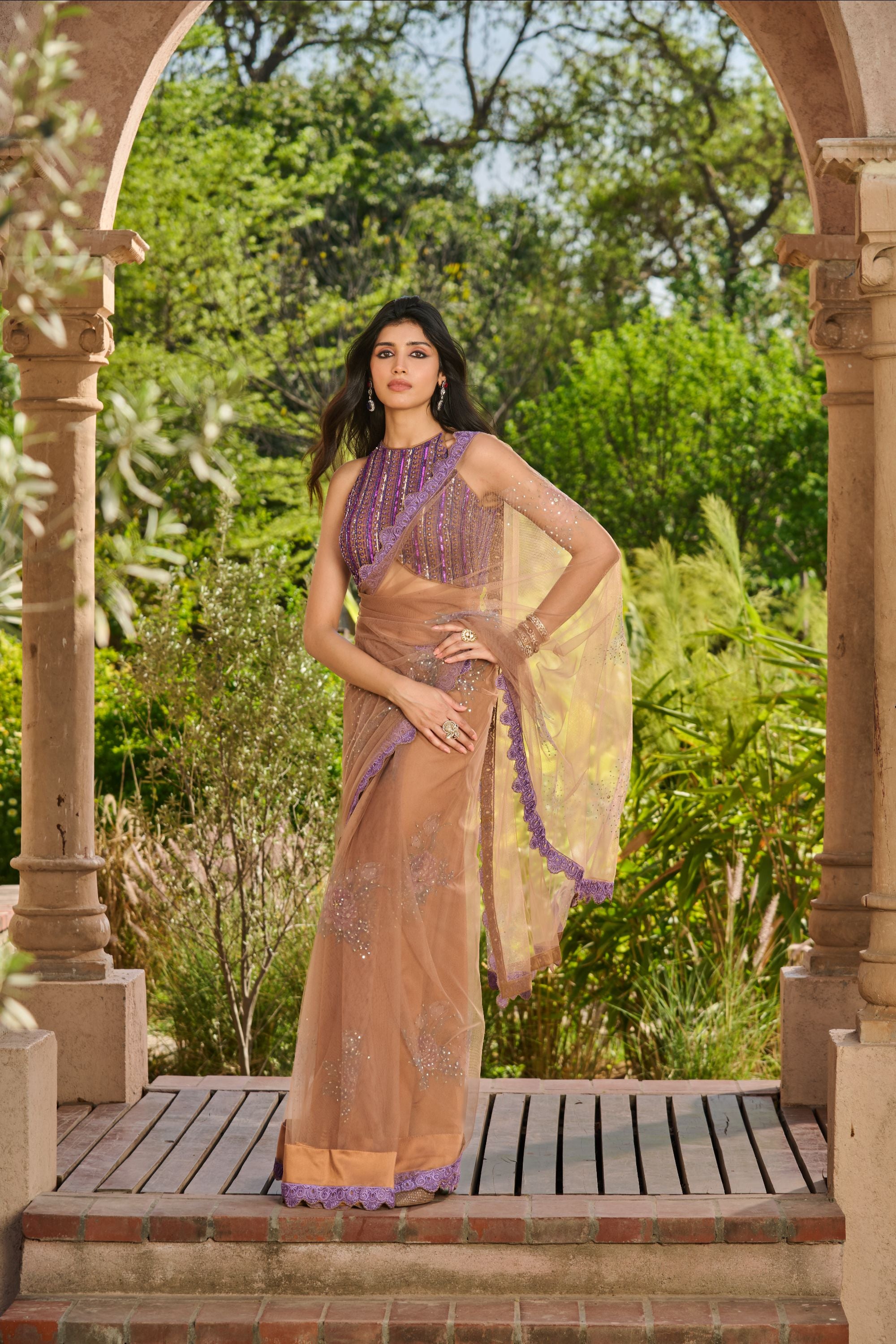 Hand Embroidered Blouse with Printed Embelished Saree and Petticoat