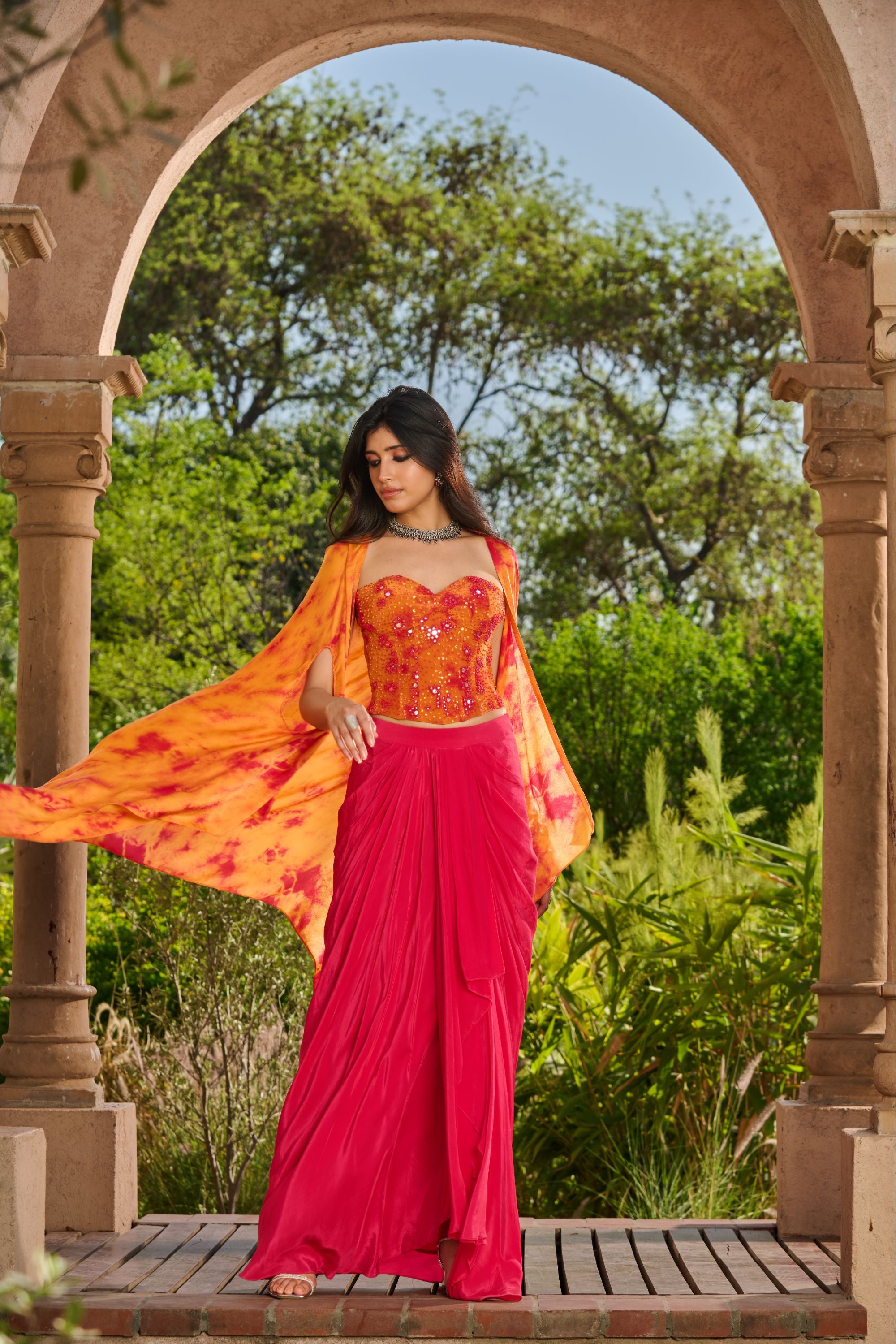 Hand Embelished Tie Dyed Corset with Dhoti Skirt