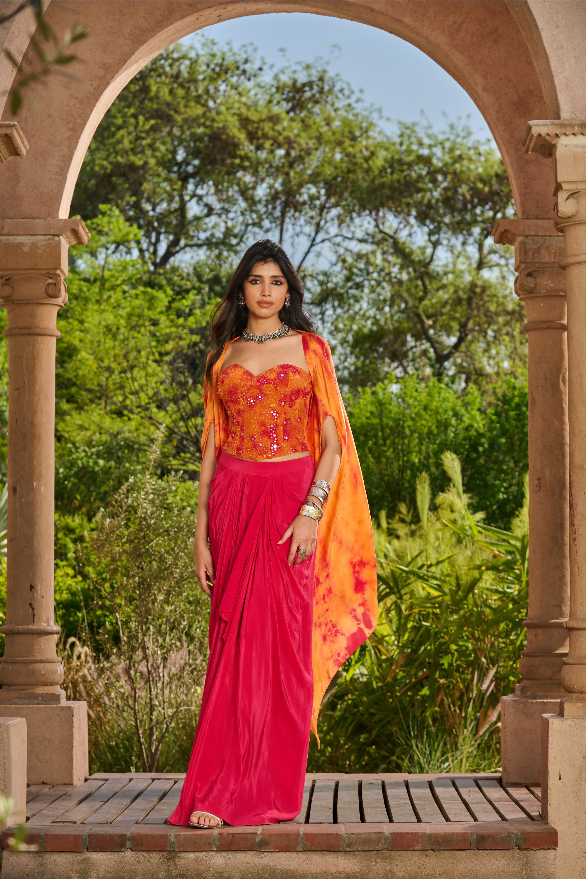 Hand Embelished Tie Dyed Corset with Dhoti Skirt