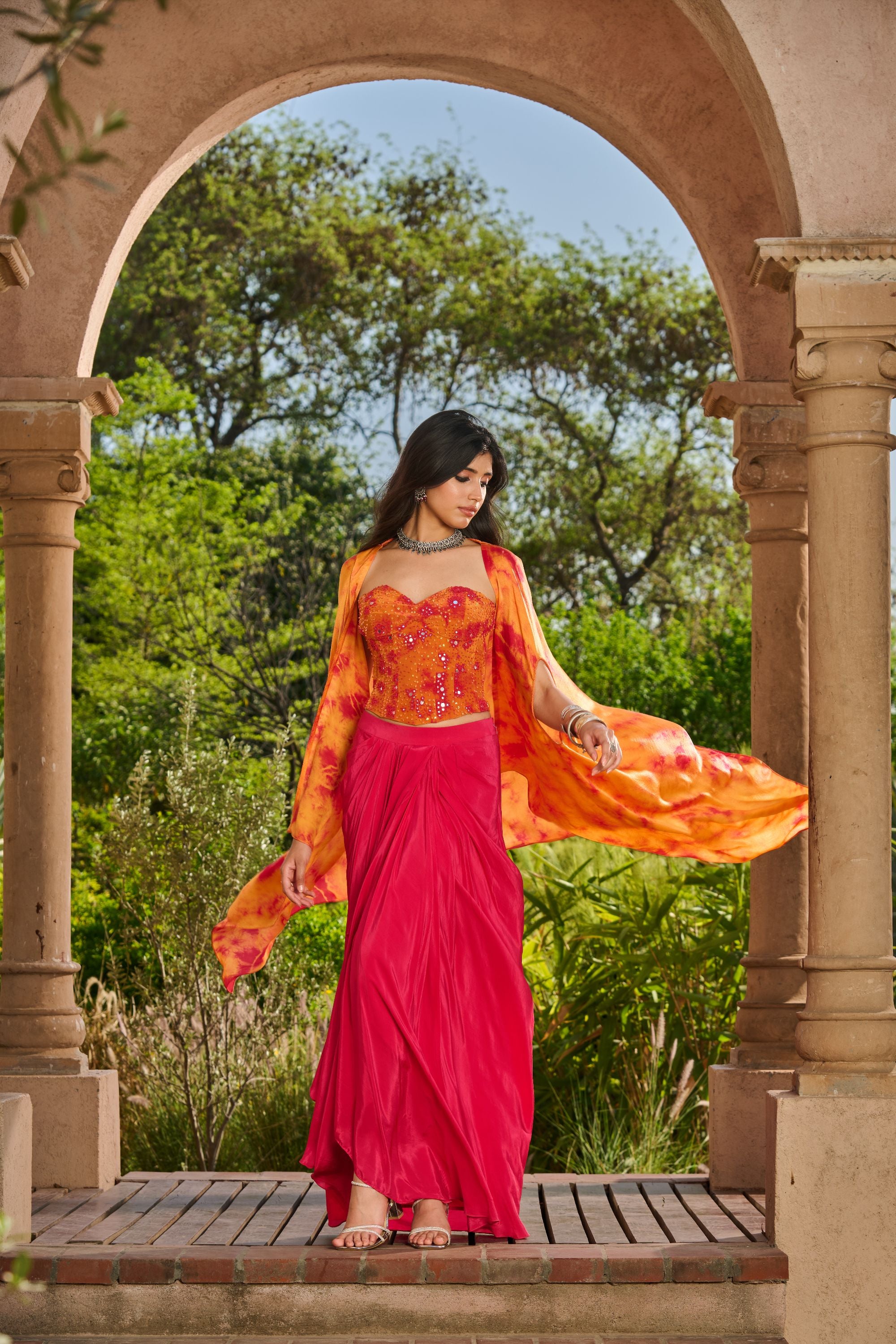 Hand Embelished Tie Dyed Corset with Dhoti Skirt