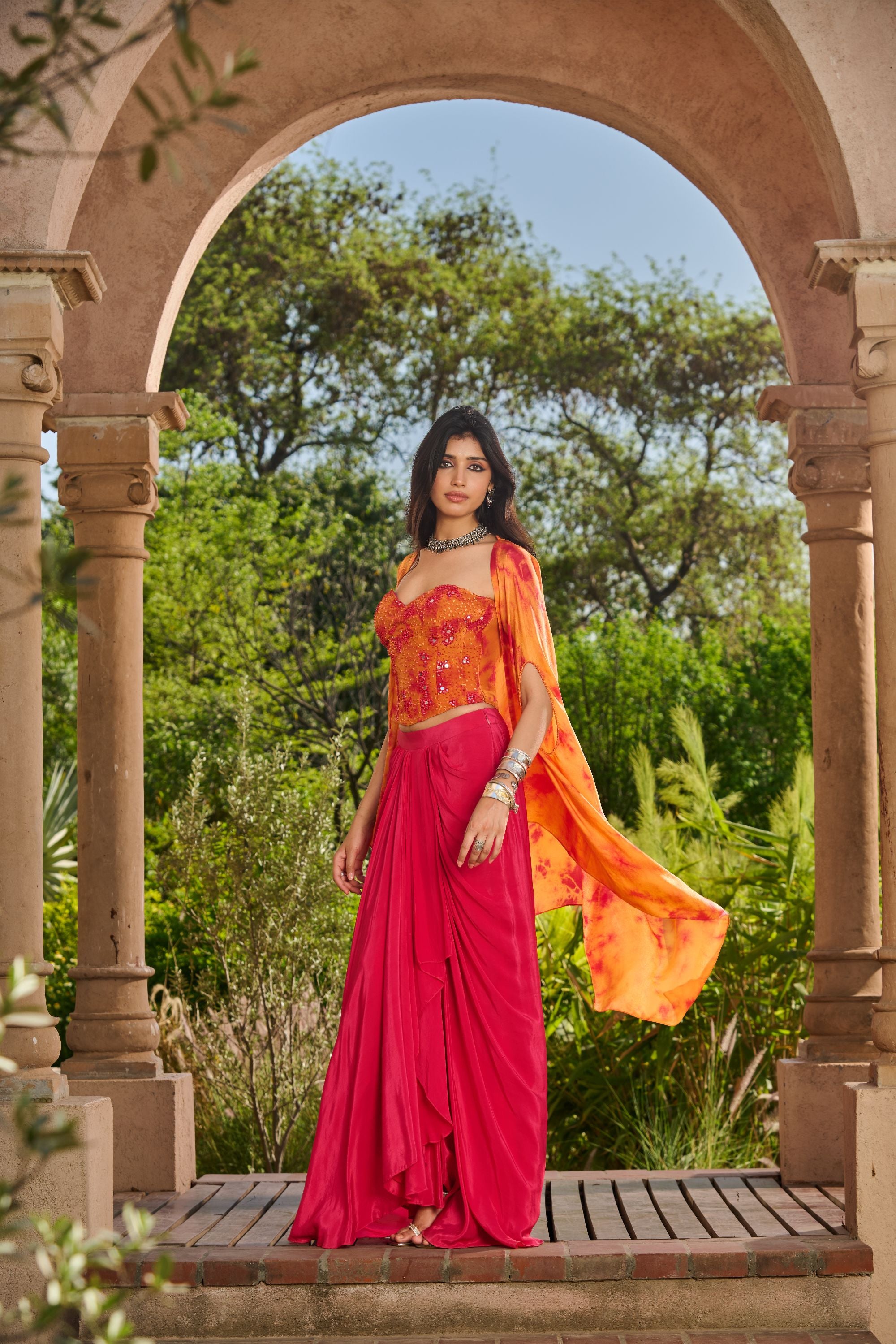 Hand Embelished Tie Dyed Corset with Dhoti Skirt