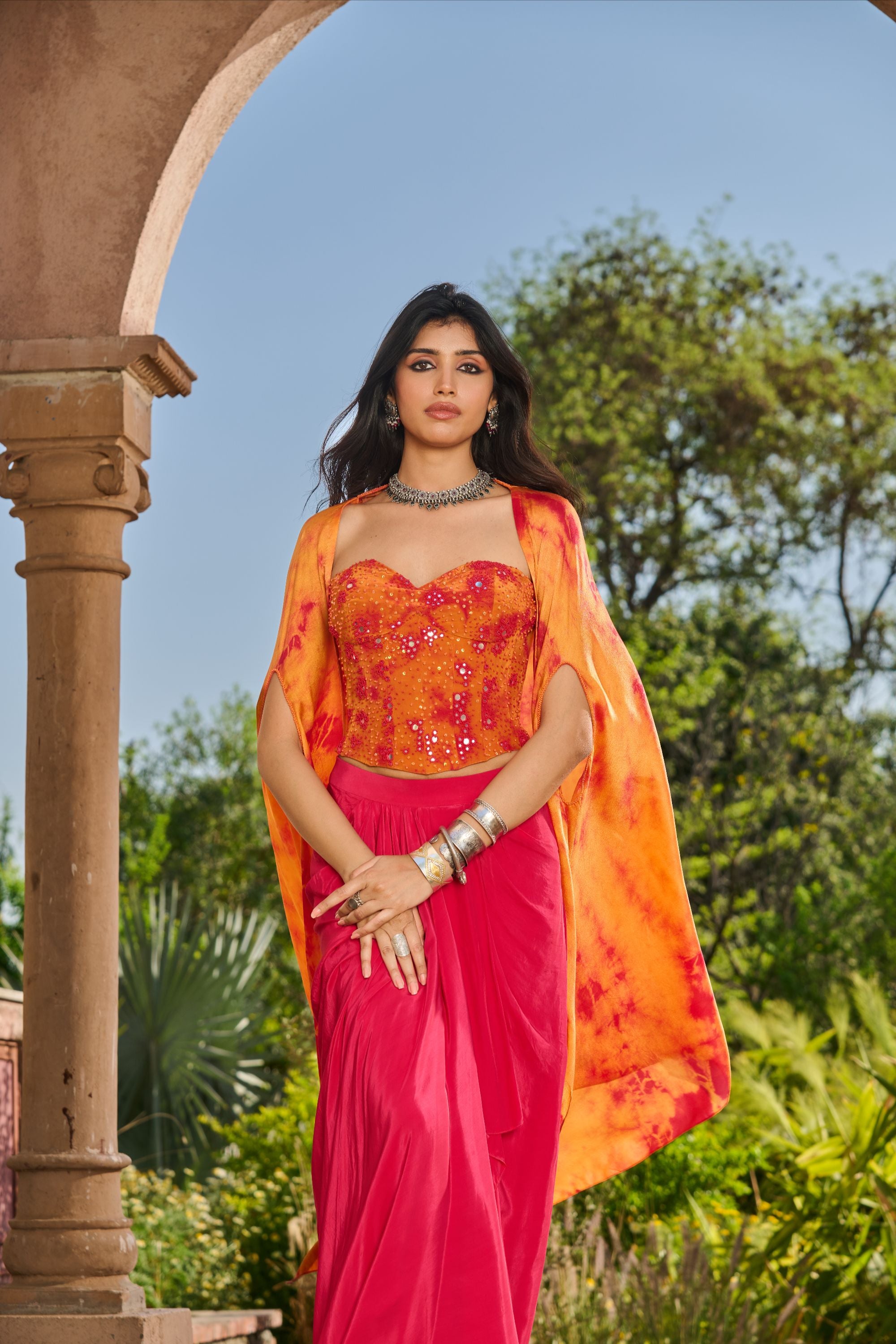 Hand Embelished Tie Dyed Corset with Dhoti Skirt