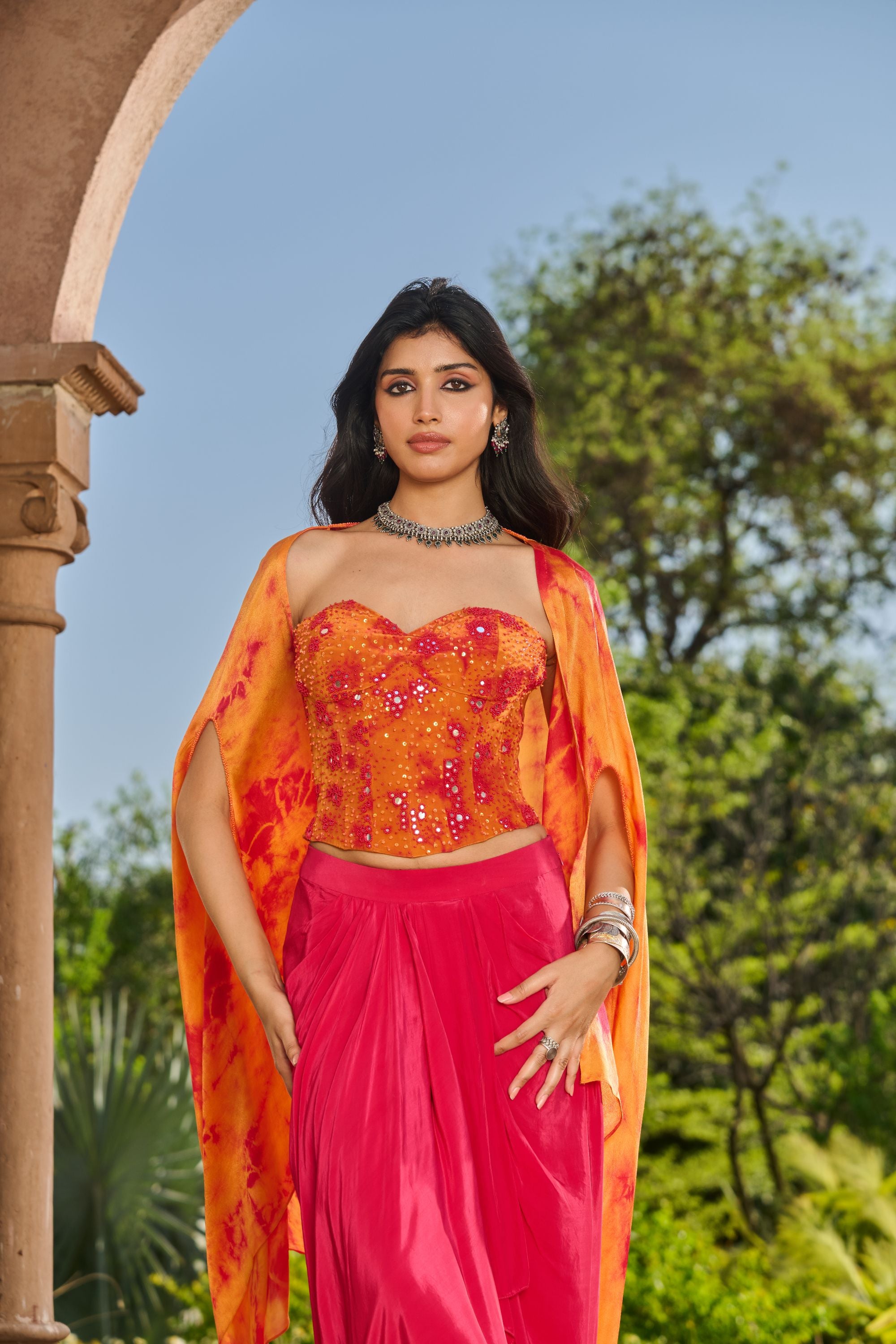 Hand Embelished Tie Dyed Corset with Dhoti Skirt