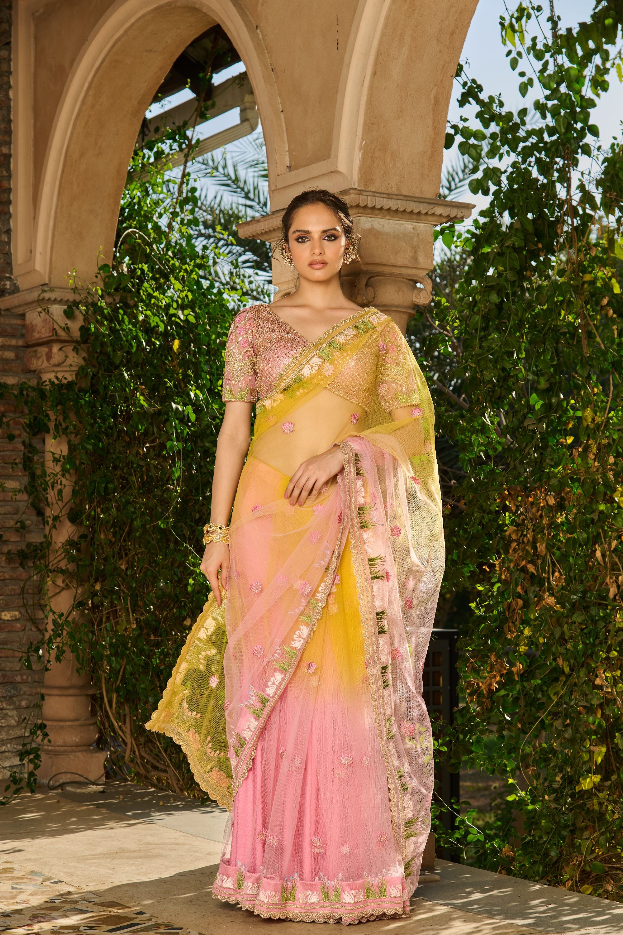 Hand Embroidered Blouse and Ombre Saree with Petticoat