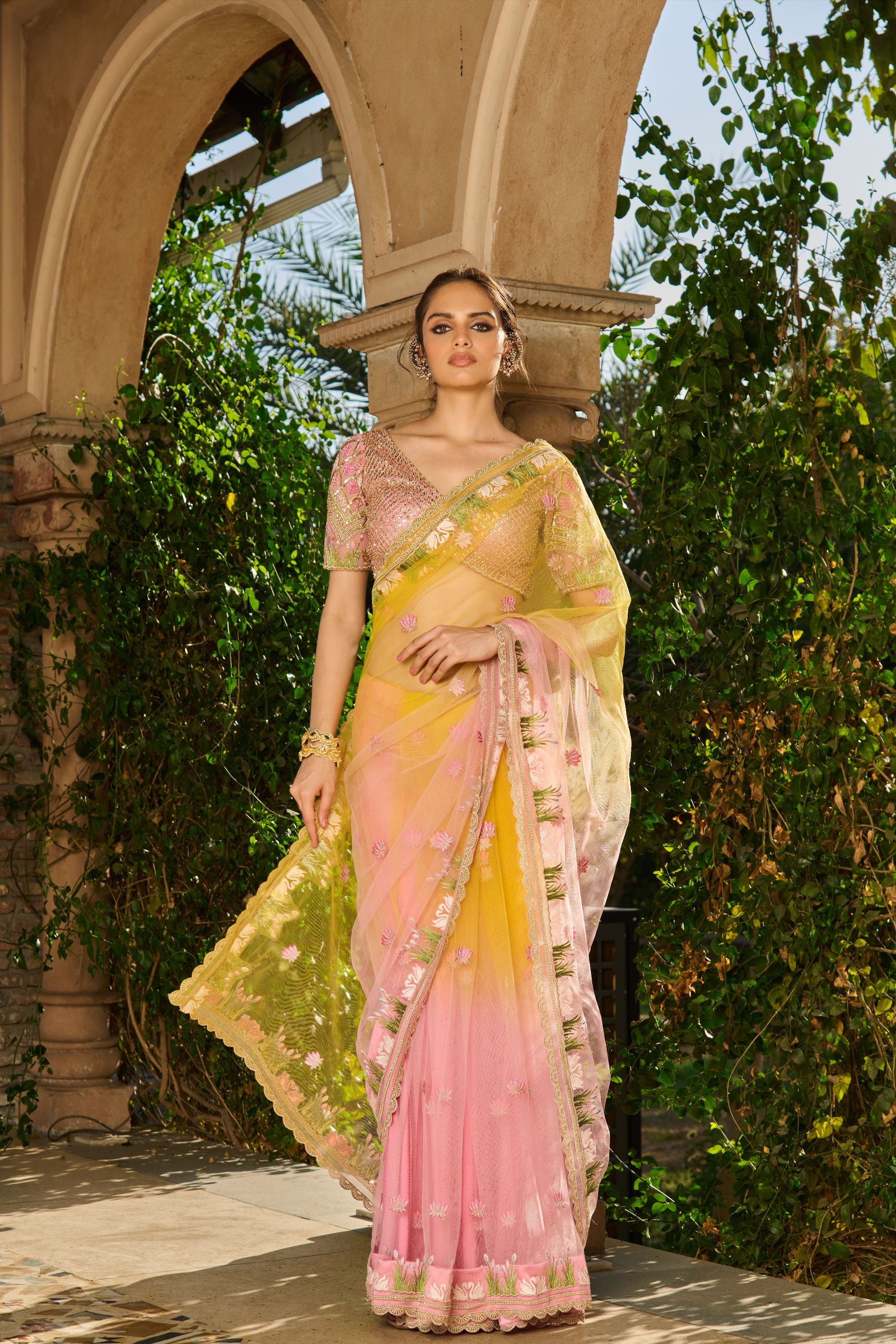 Hand Embroidered Blouse and Ombre Saree with Petticoat