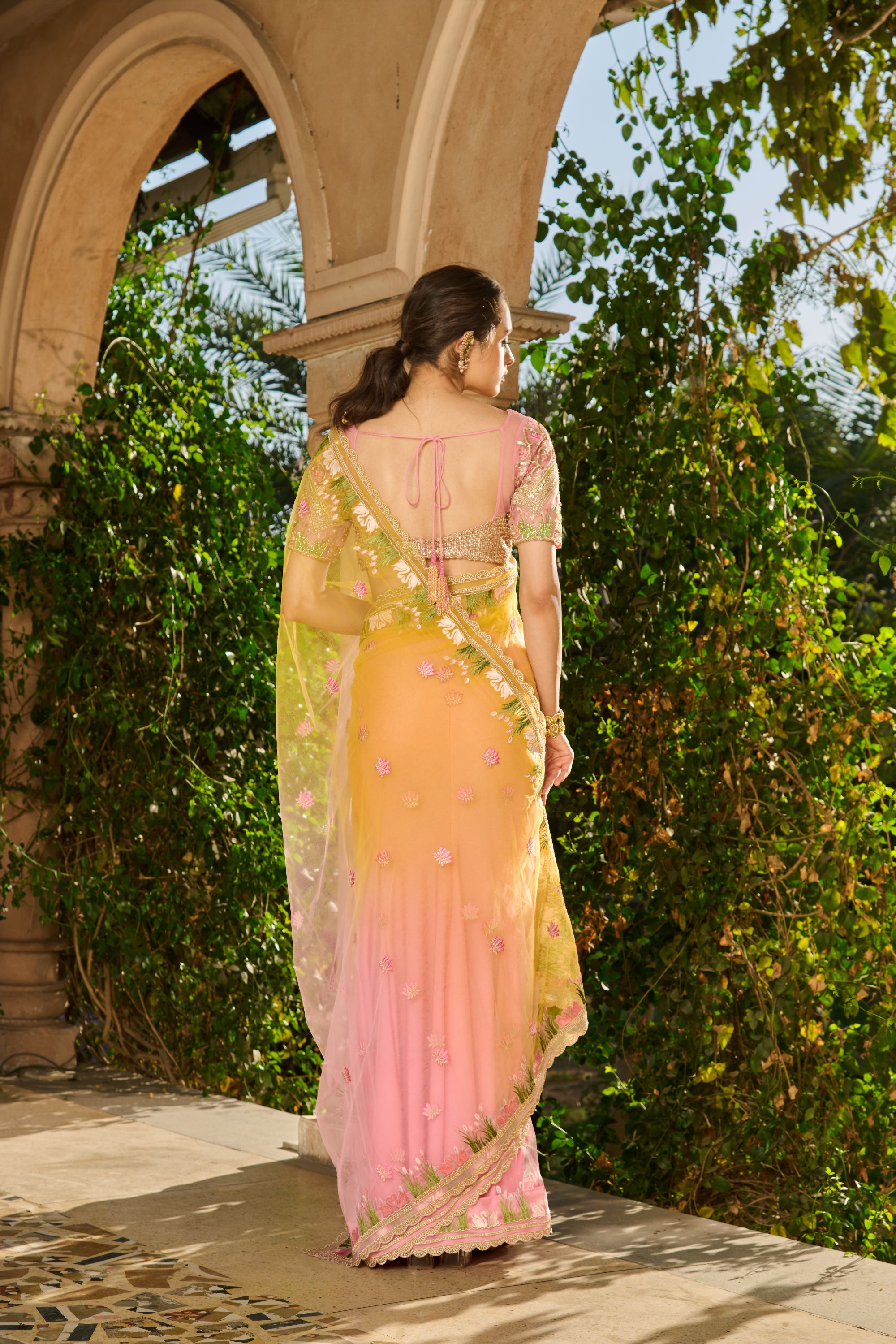 Hand Embroidered Blouse and Ombre Saree with Petticoat