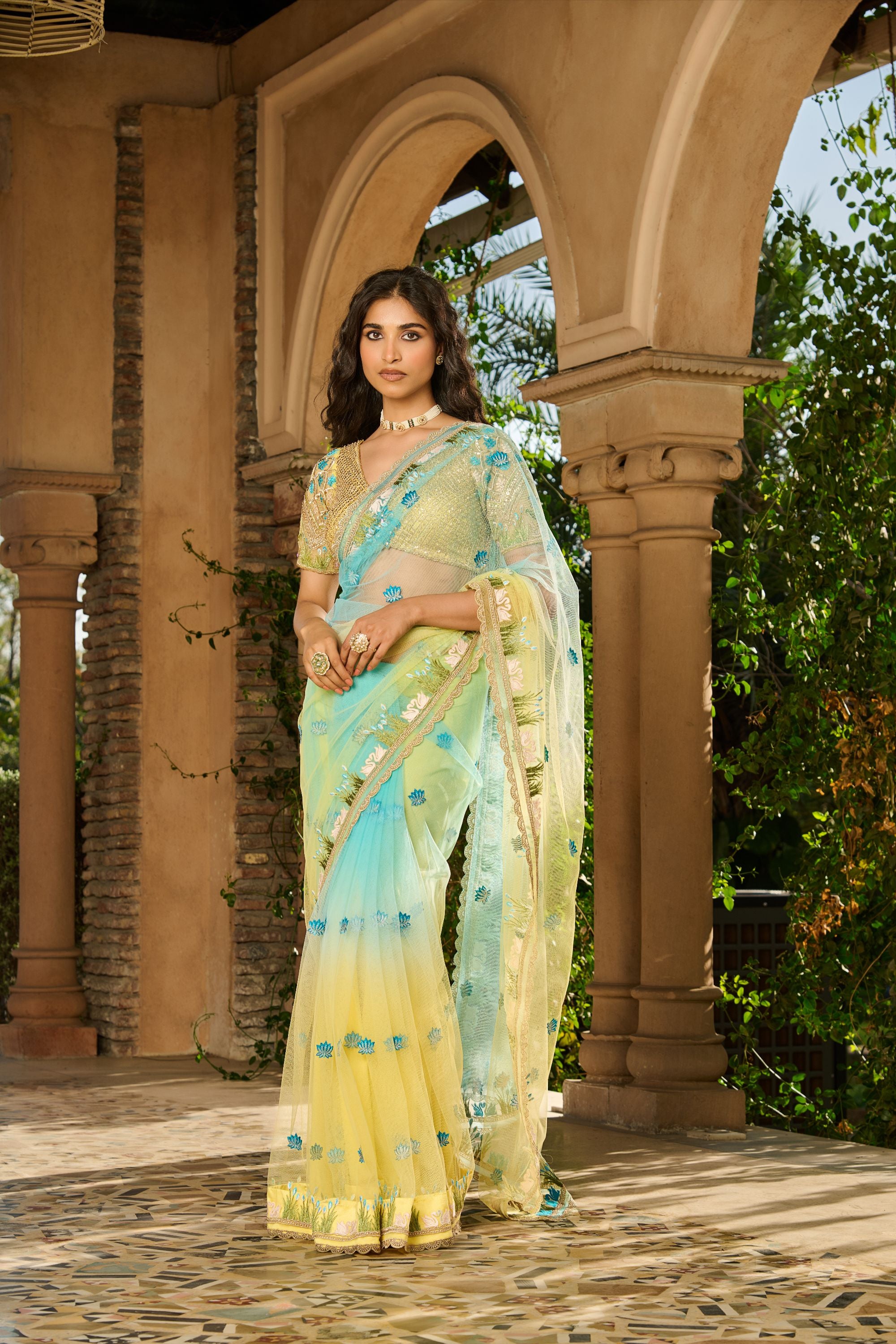 Hand Embroidered Blouse and Ombre Saree with Petticoat