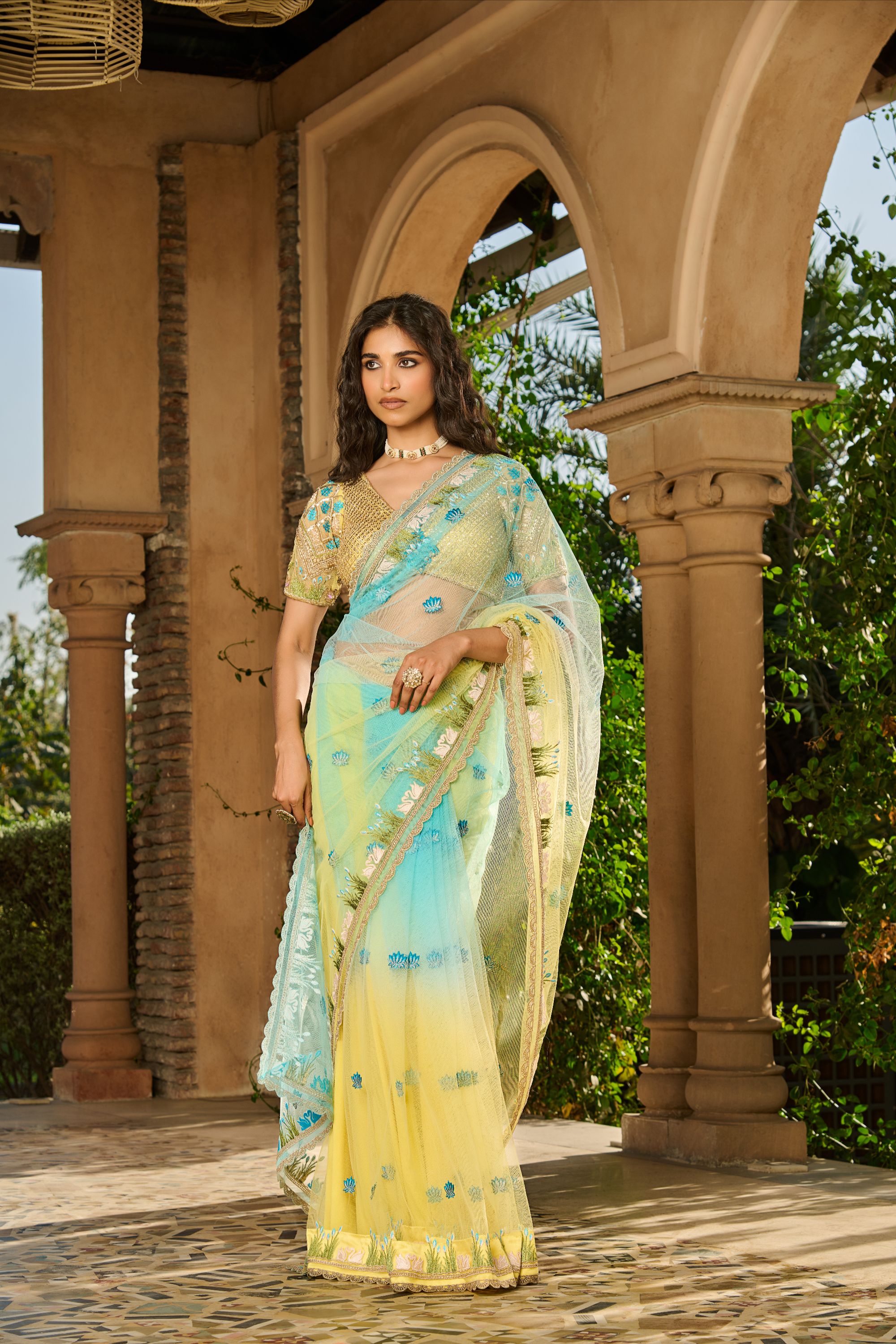 Hand Embroidered Blouse and Ombre Saree with Petticoat