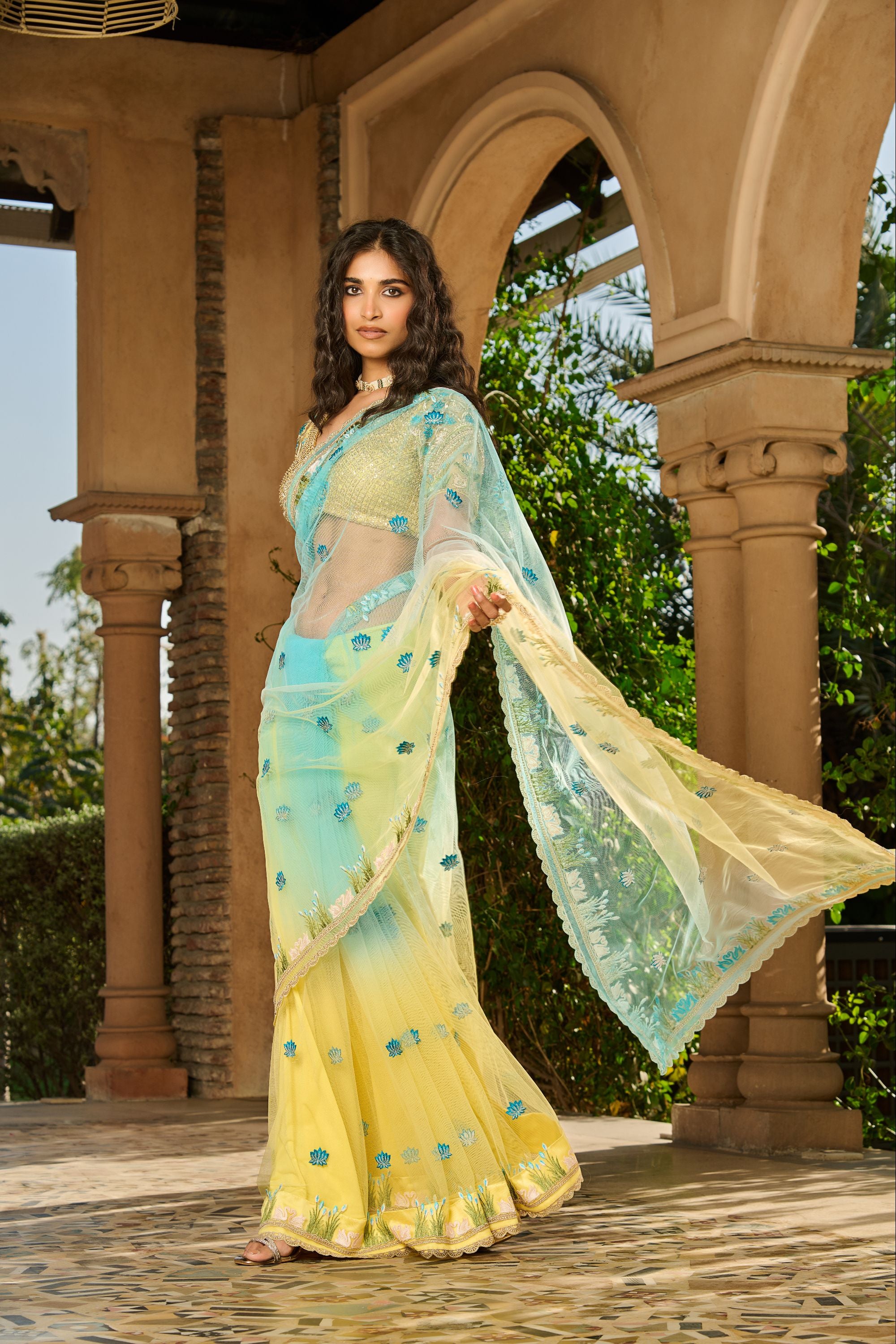 Hand Embroidered Blouse and Ombre Saree with Petticoat