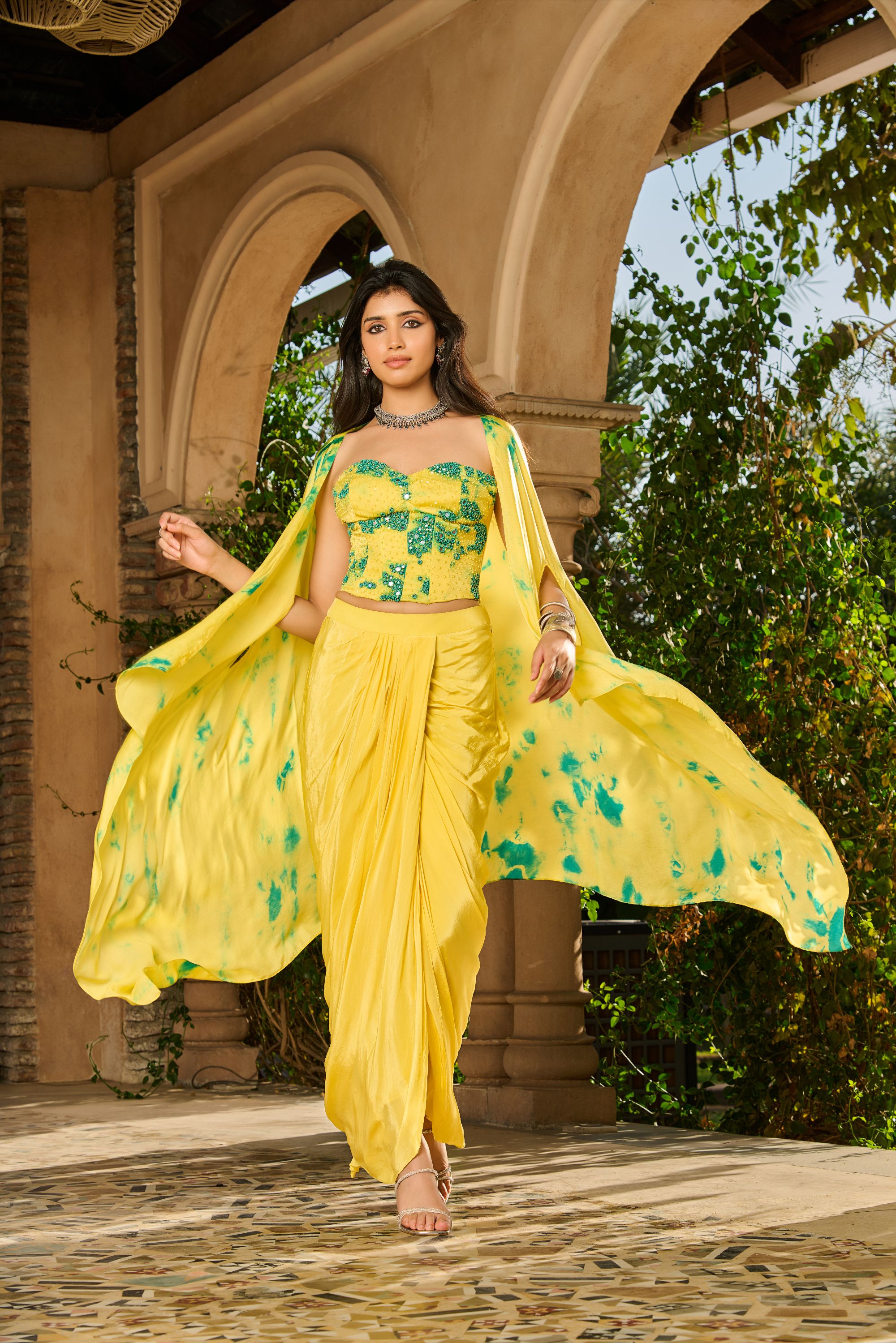 Hand Embelished Tie Dyed Corset with Dhoti Skirt