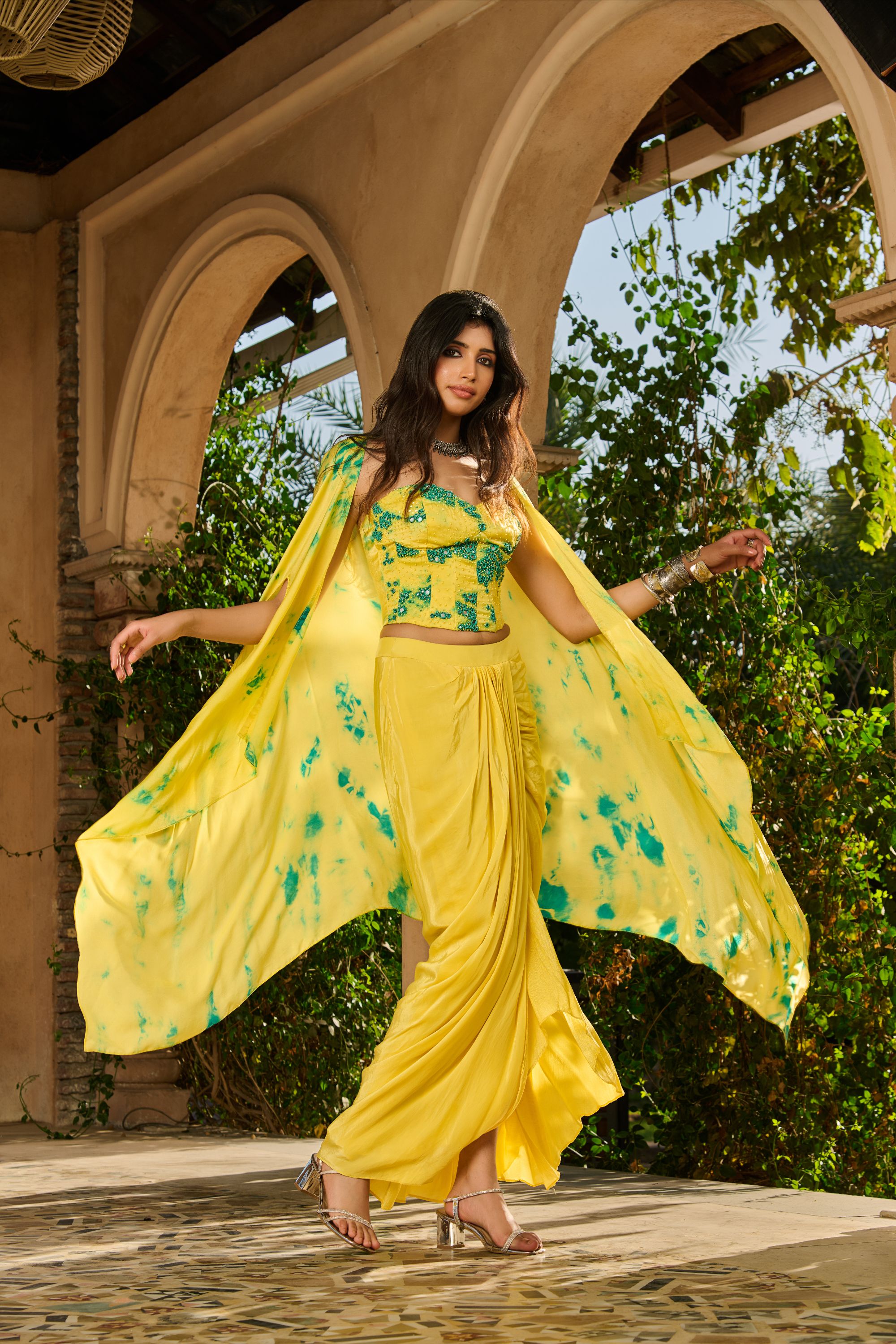 Hand Embelished Tie Dyed Corset with Dhoti Skirt