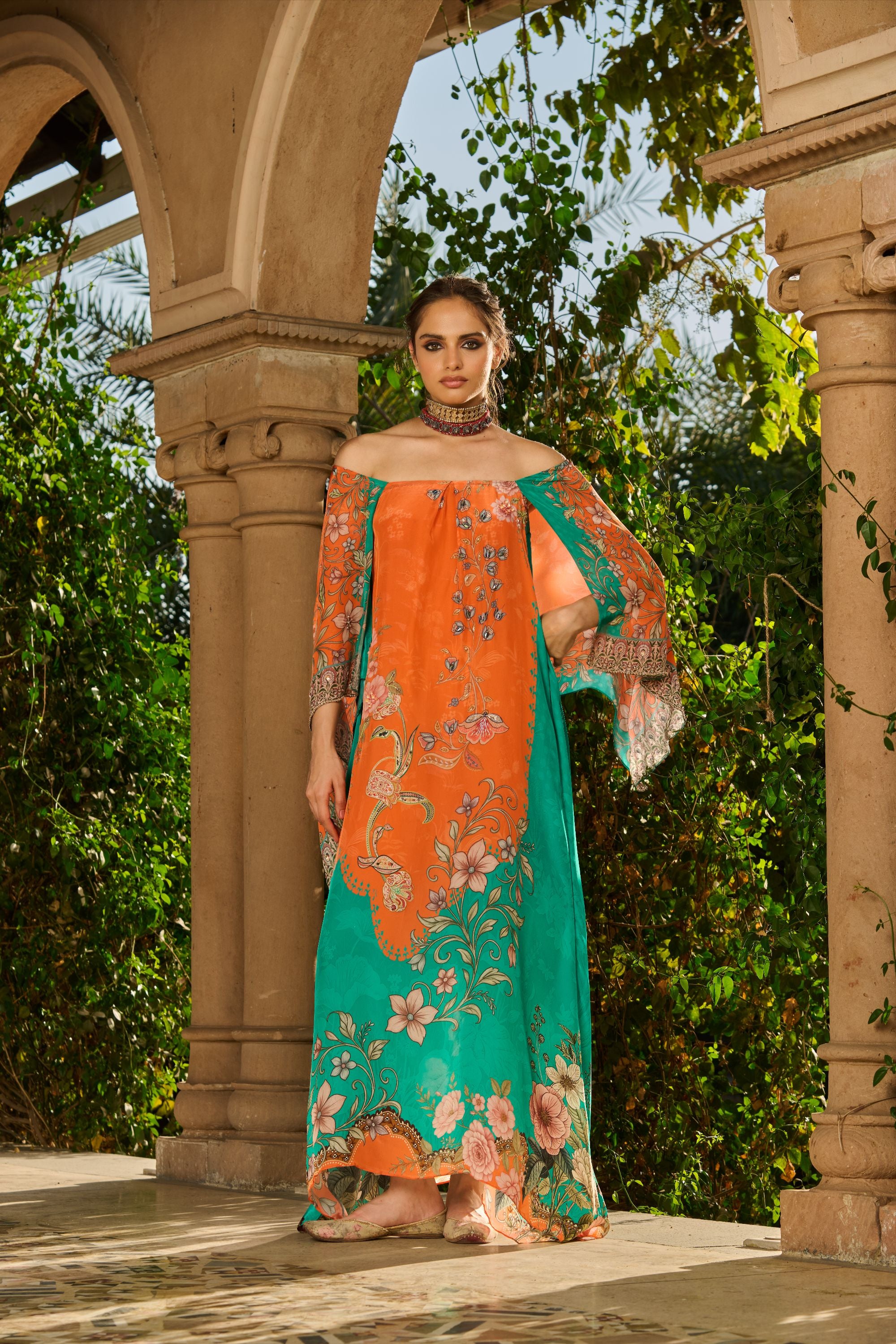 Hand Embelished Off-Shoulder Printed Kaftan