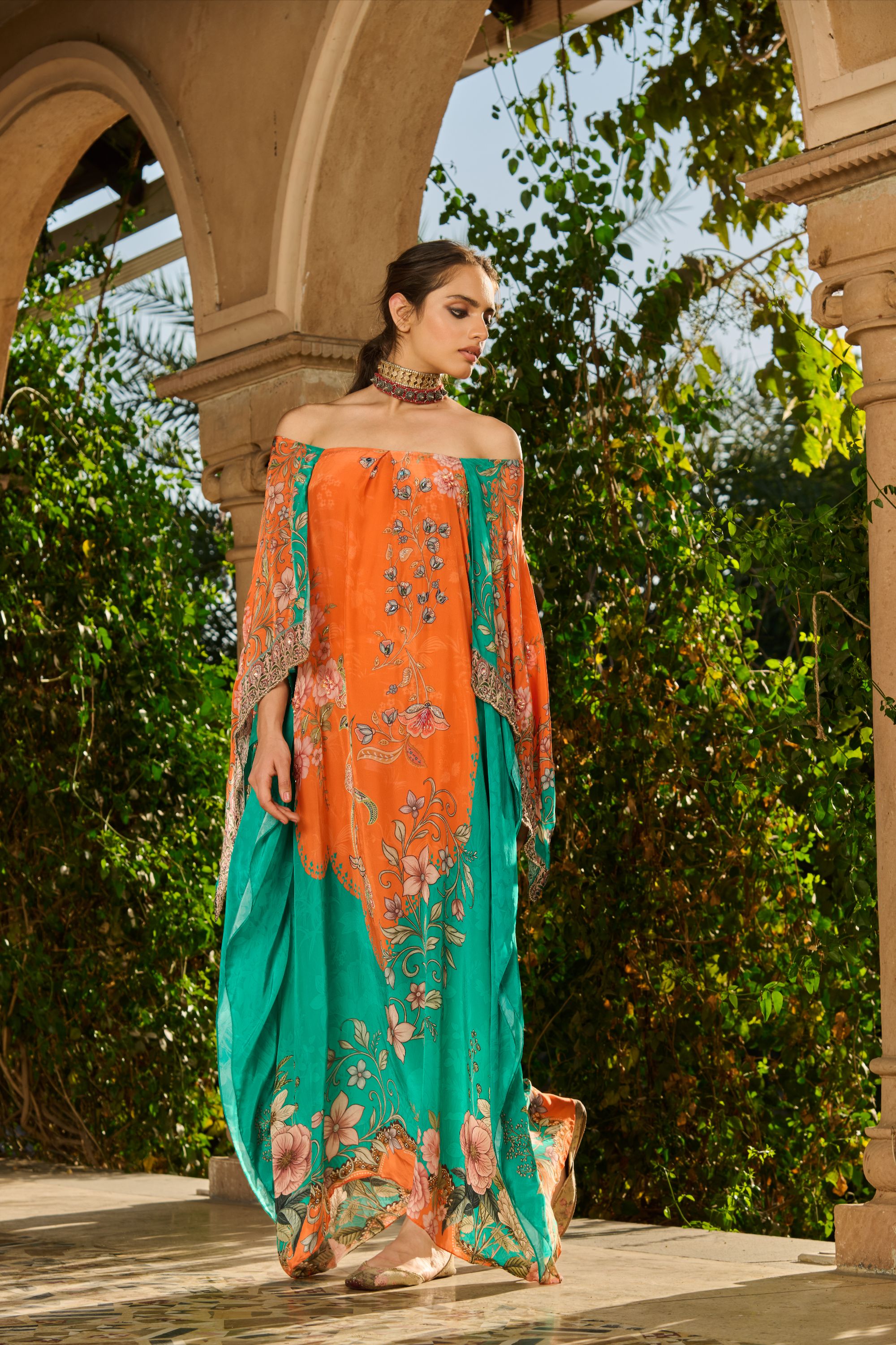 Hand Embelished Off-Shoulder Printed Kaftan