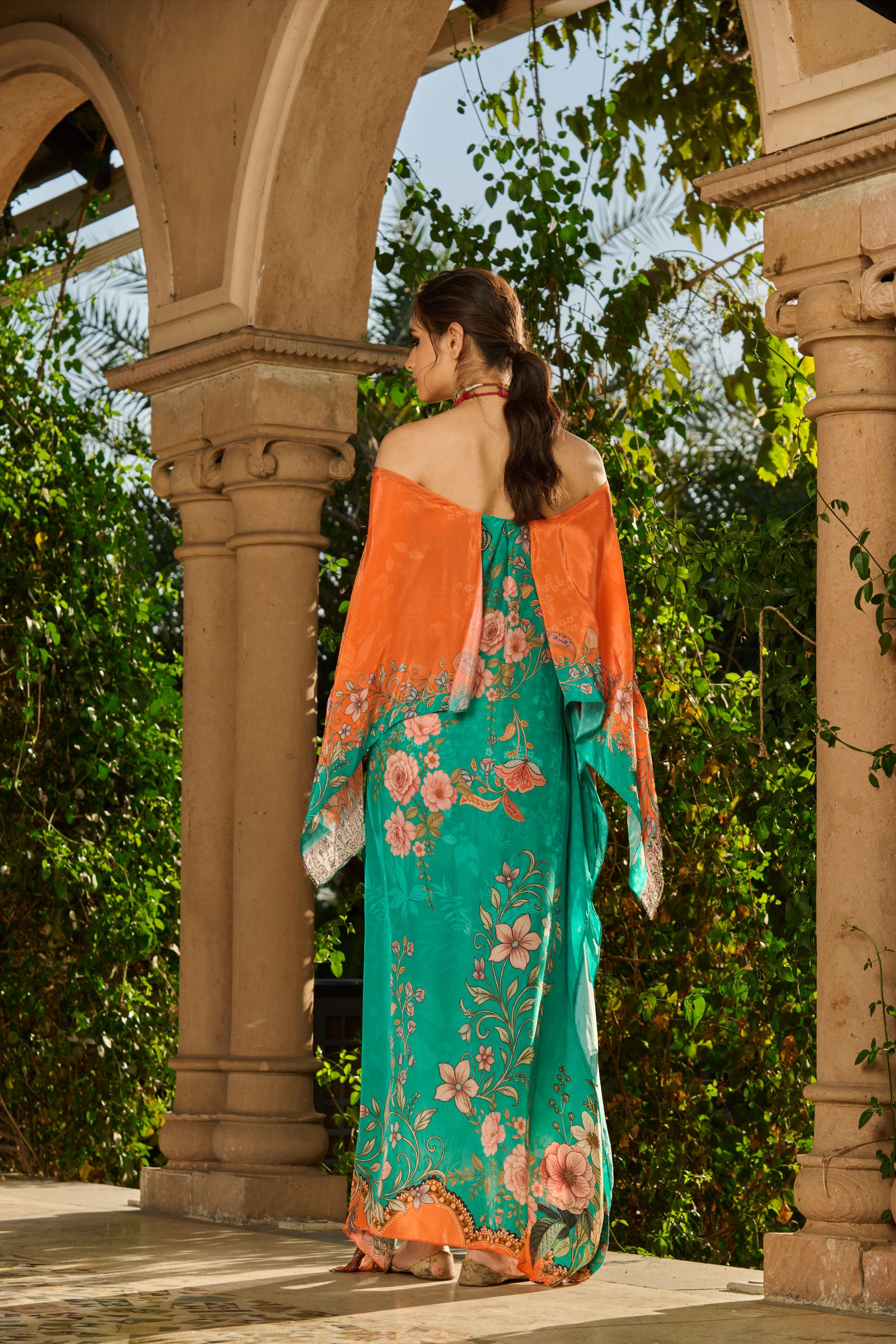 Hand Embelished Off-Shoulder Printed Kaftan