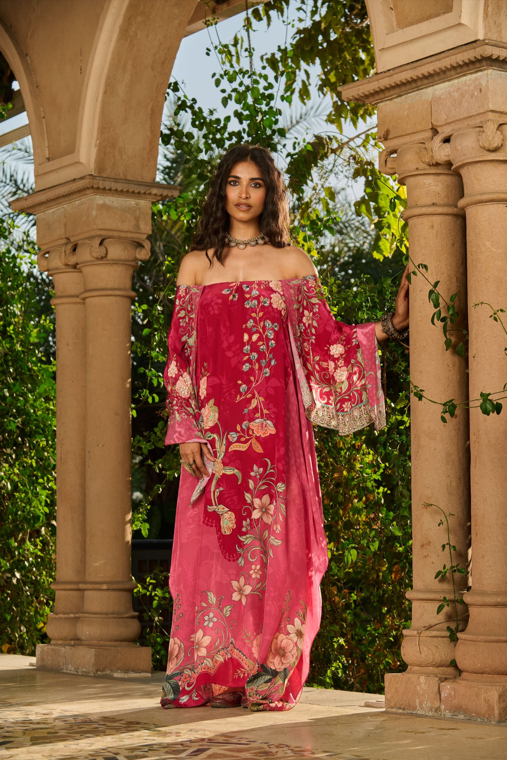 Hand Embelished Off-Shoulder Printed Kaftan