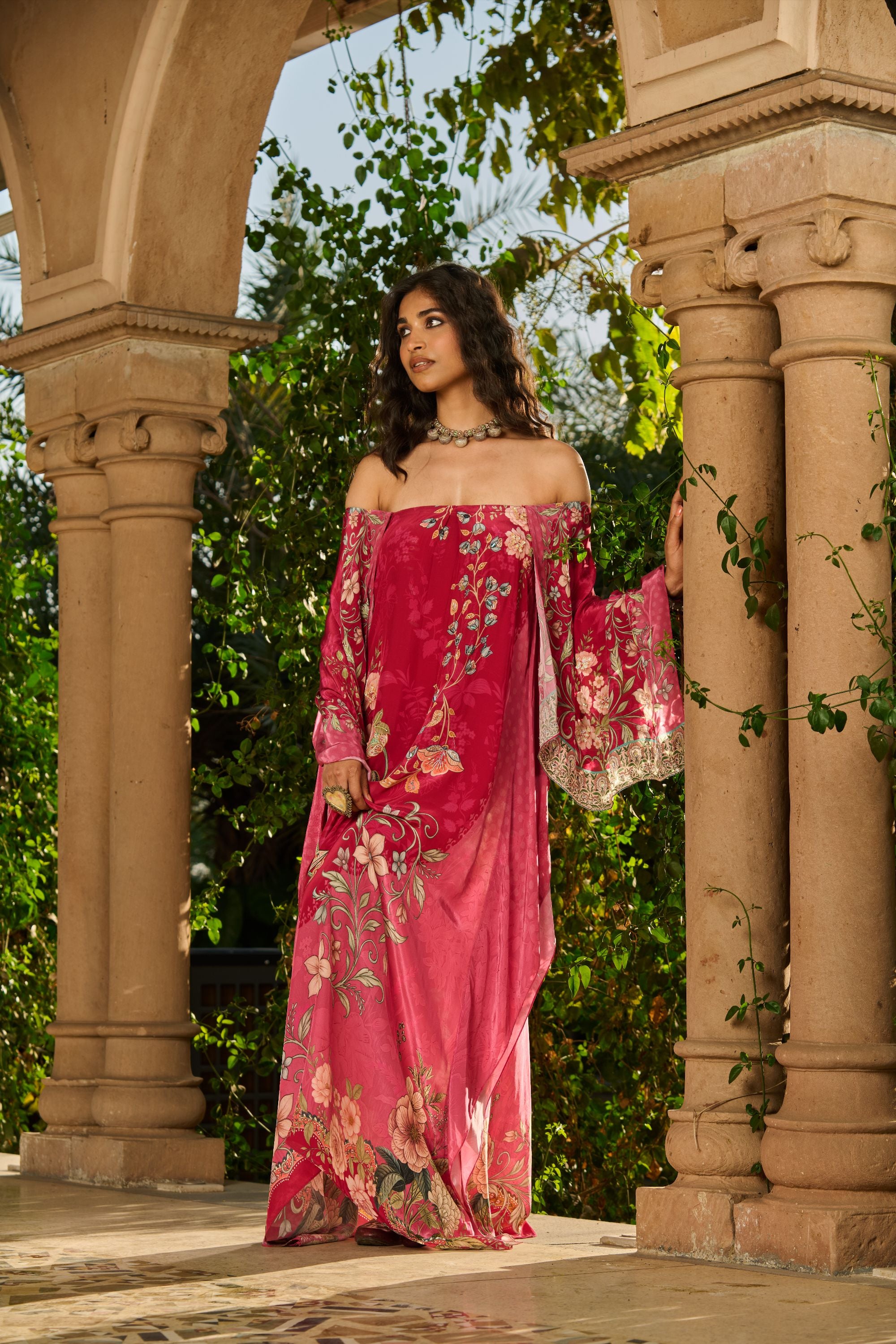 Hand Embelished Off-Shoulder Printed Kaftan