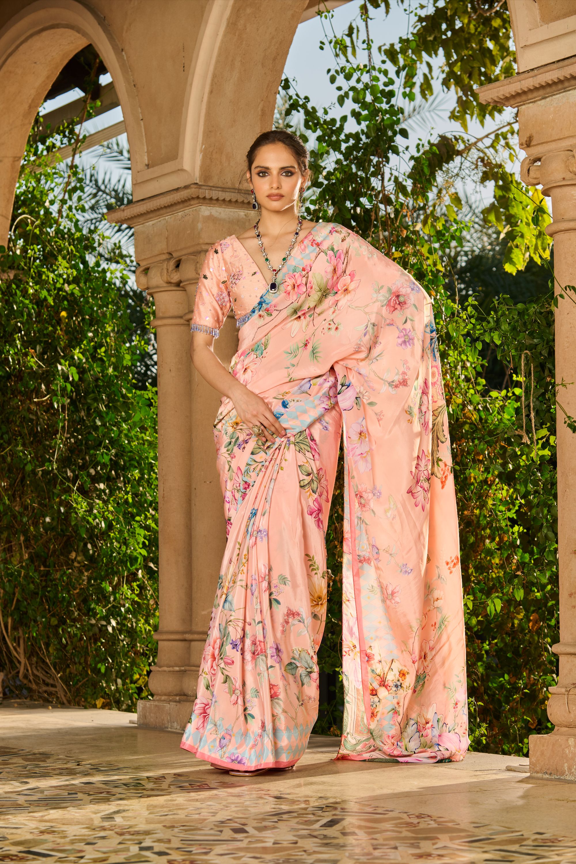 Hand Embroidrered Blouse with Printed Saree and Petticoat