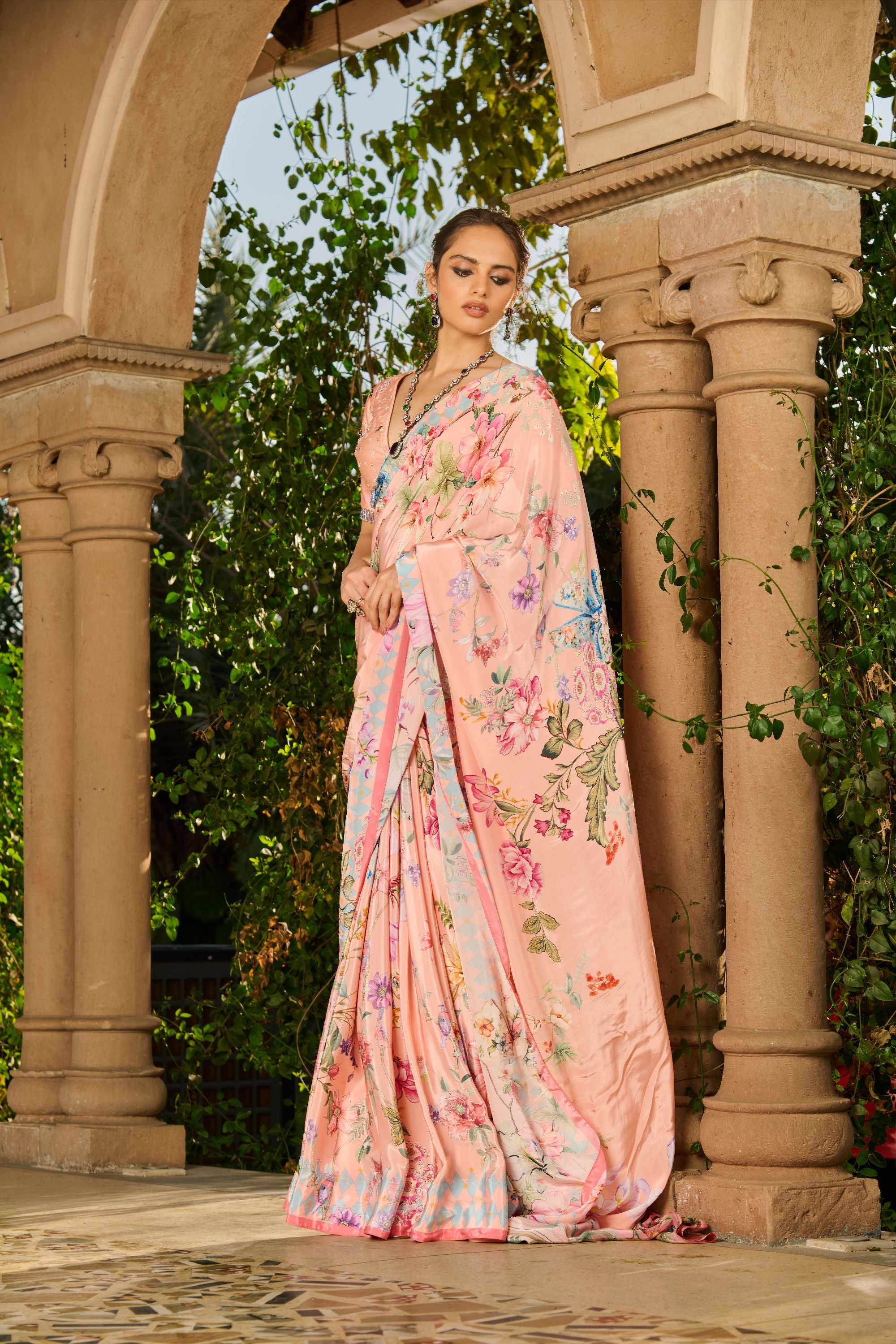 Hand Embroidrered Blouse with Printed Saree and Petticoat