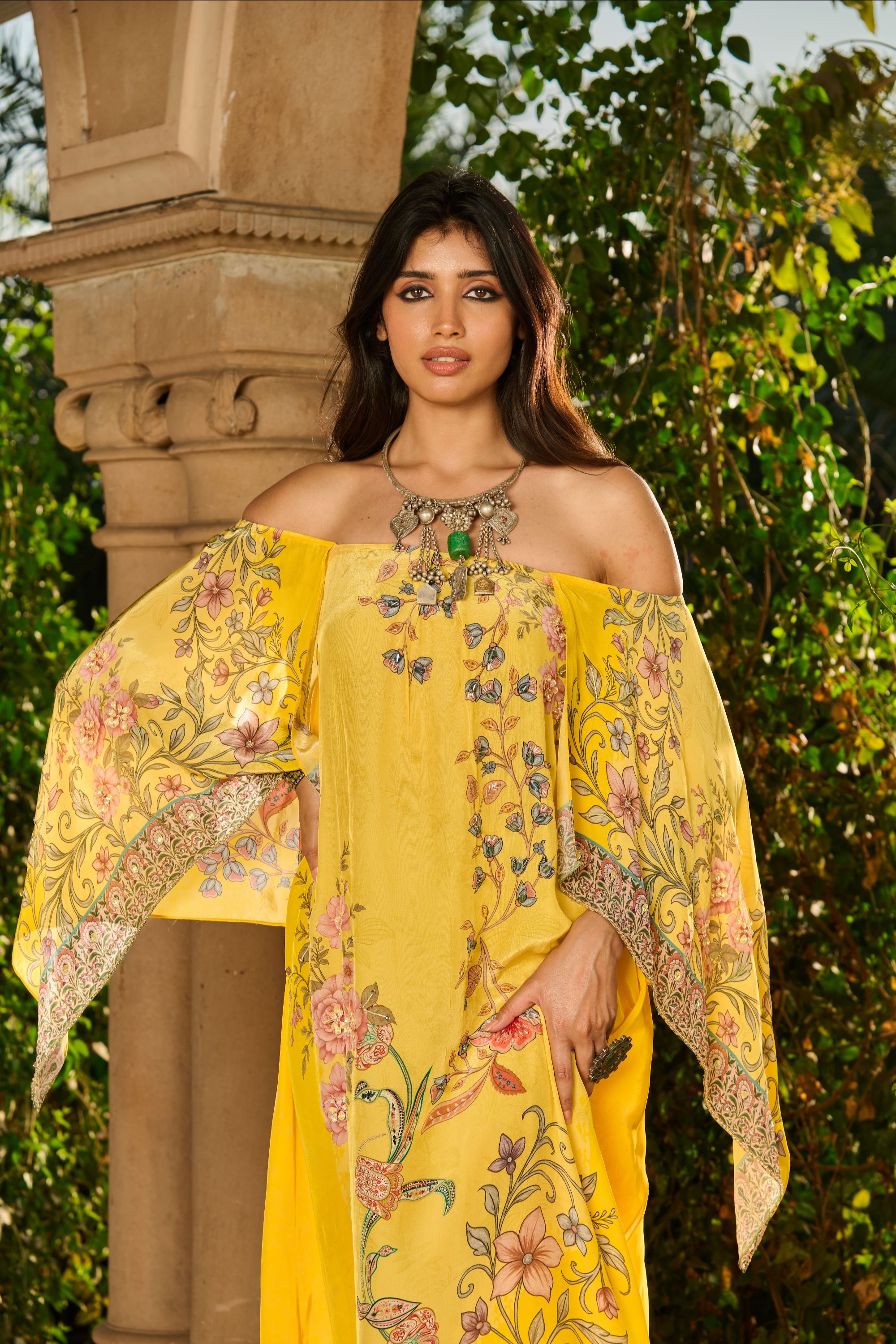 Hand Embelished Off-Shoulder Printed Kaftan