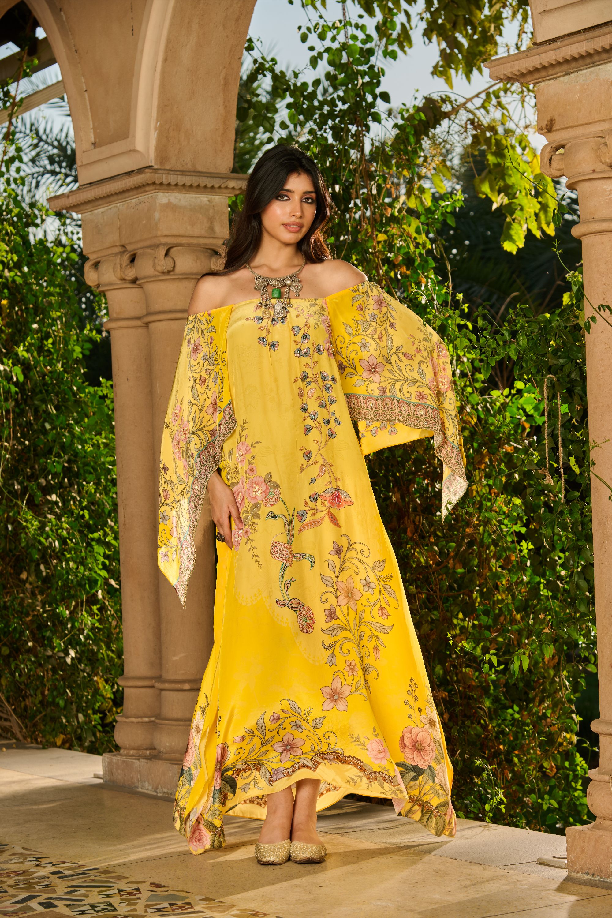 Hand Embelished Off-Shoulder Printed Kaftan