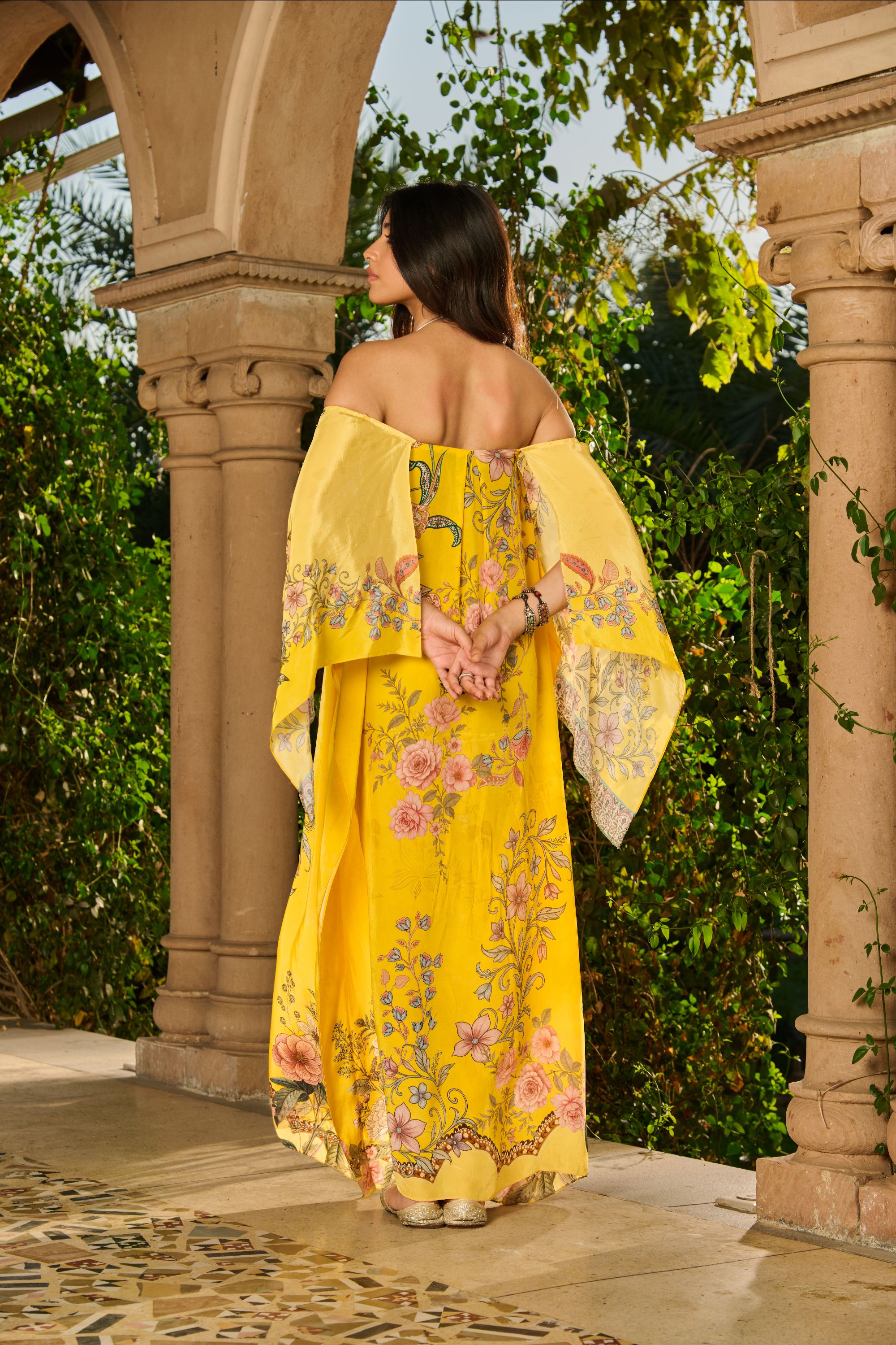 Hand Embelished Off-Shoulder Printed Kaftan