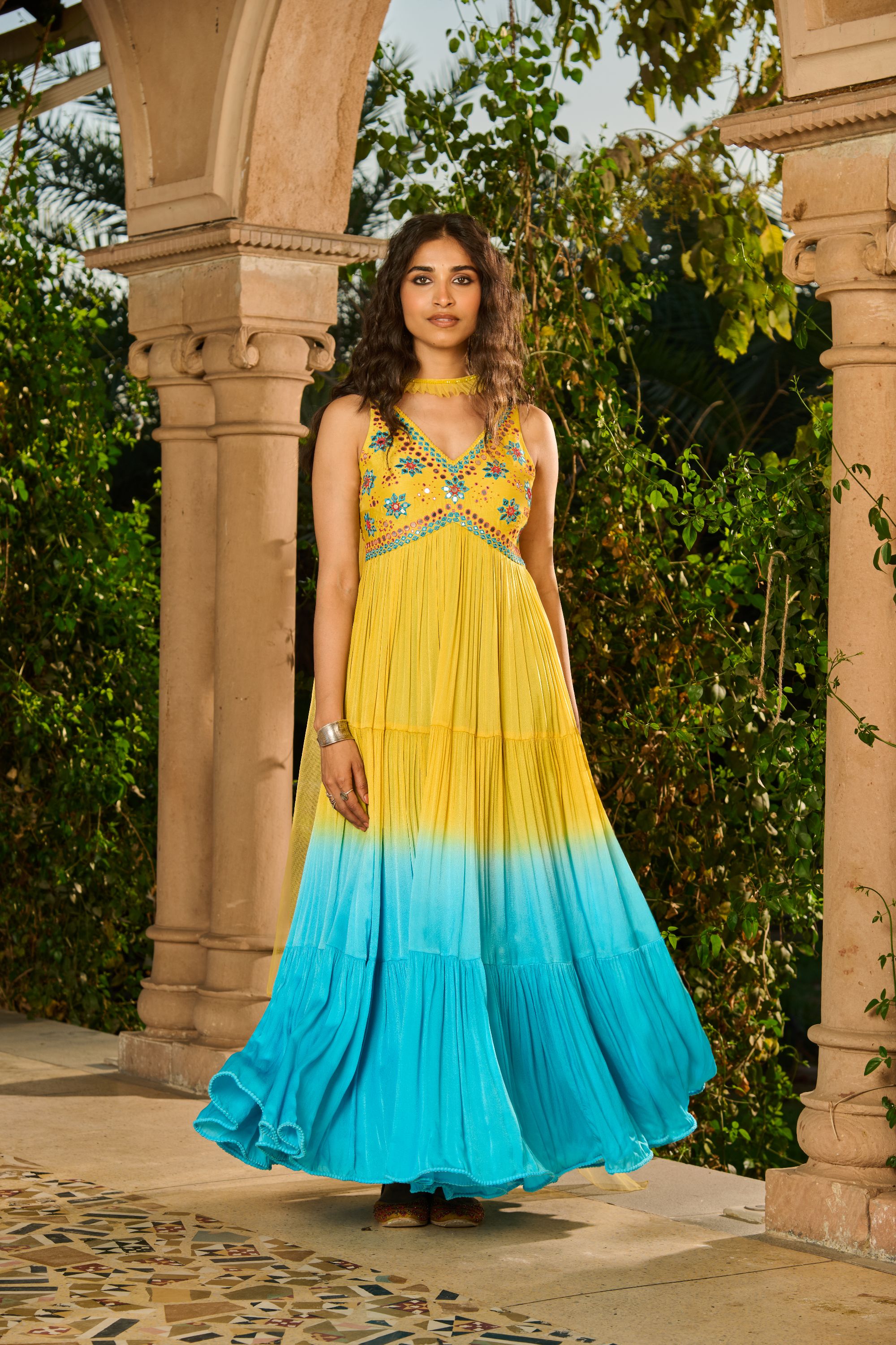 Hand Embroidered Top Ombre Anarkali