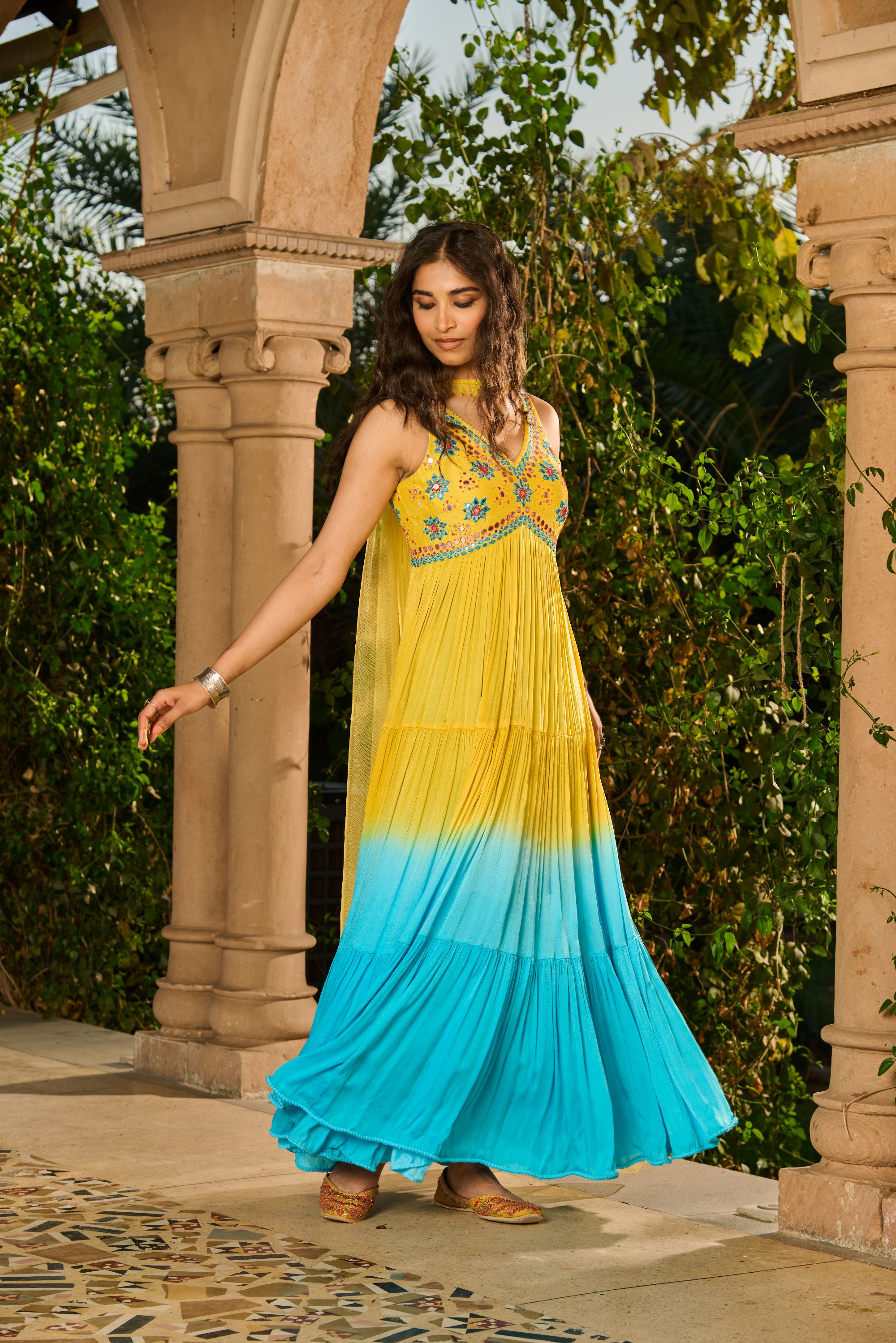 Hand Embroidered Top Ombre Anarkali