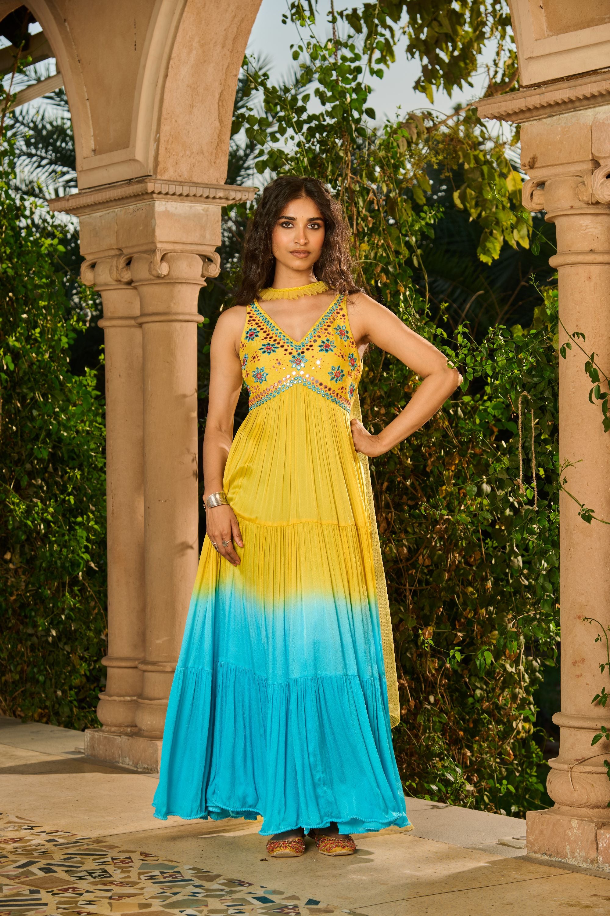 Hand Embroidered Top Ombre Anarkali