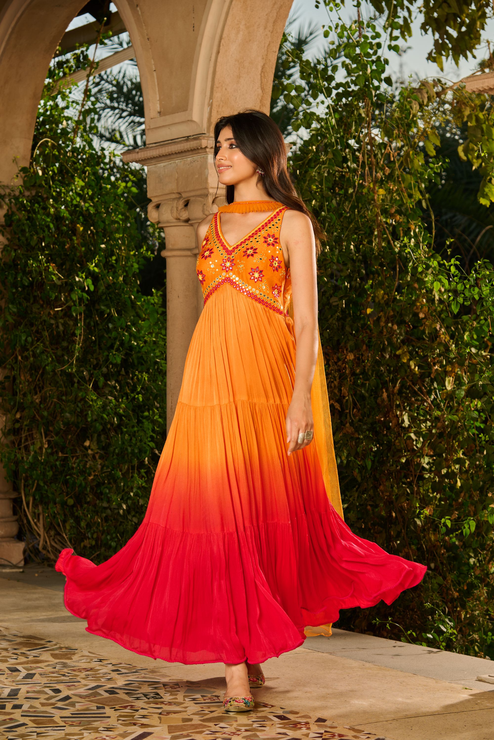 Hand Embroidered Top Ombre Anarkali