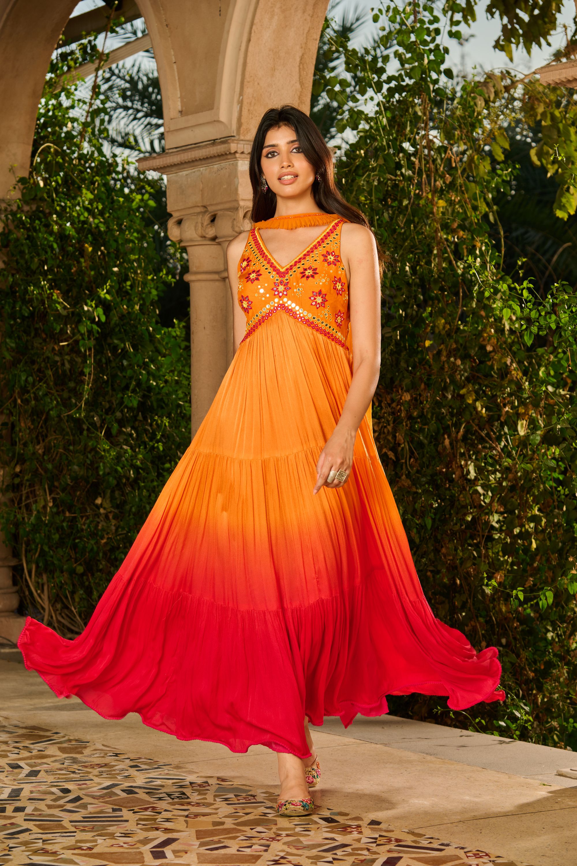 Hand Embroidered Top Ombre Anarkali