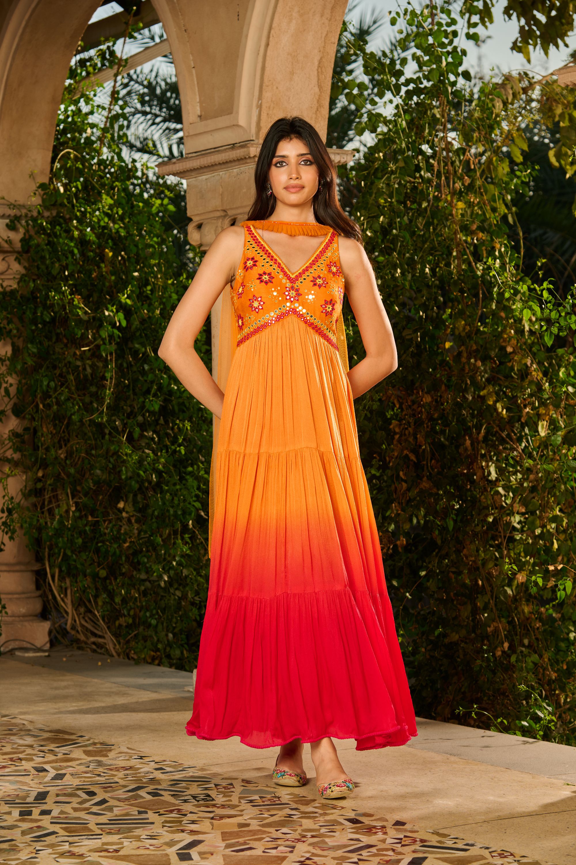 Hand Embroidered Top Ombre Anarkali