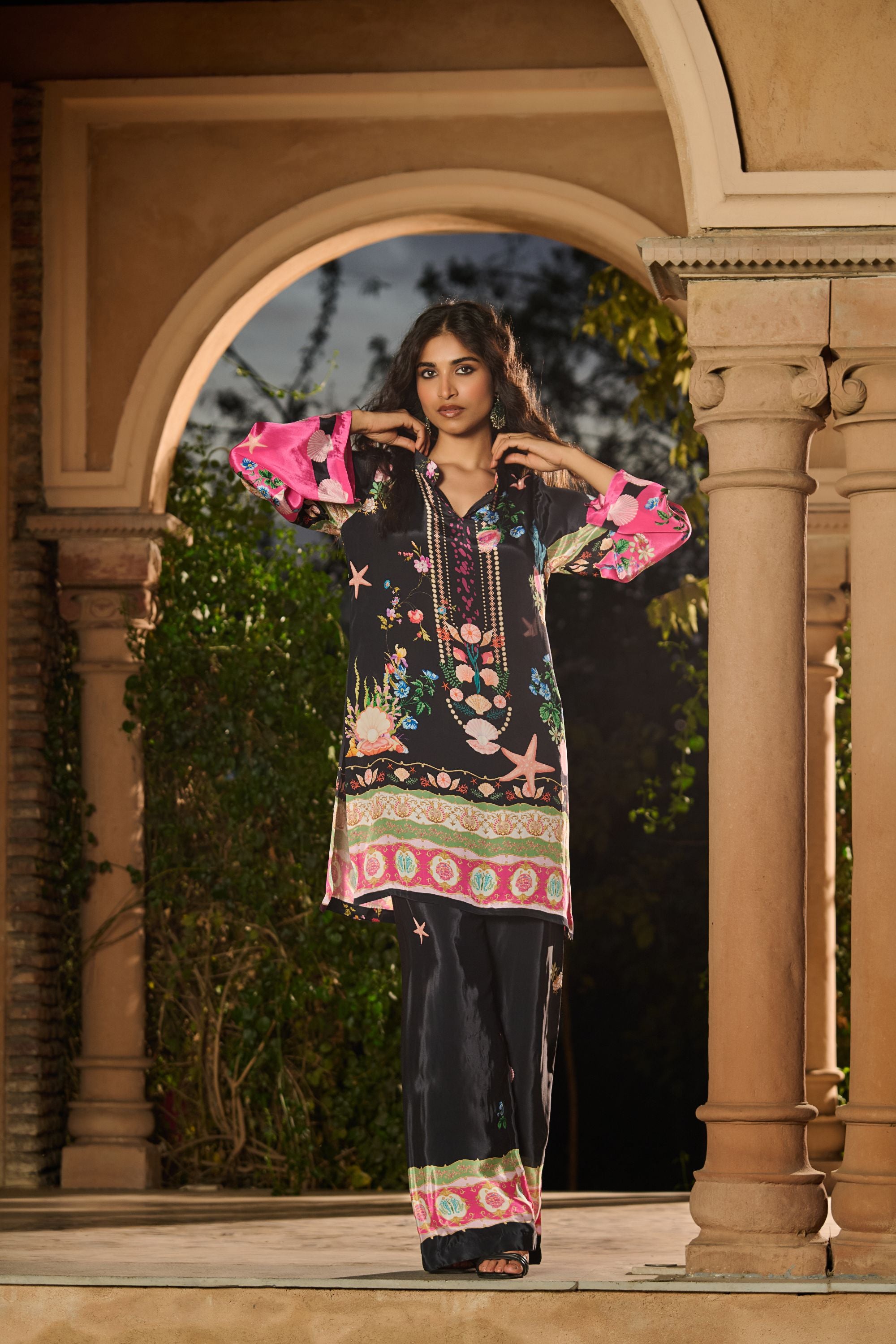 Silky Printed Co-Ord Set - Black