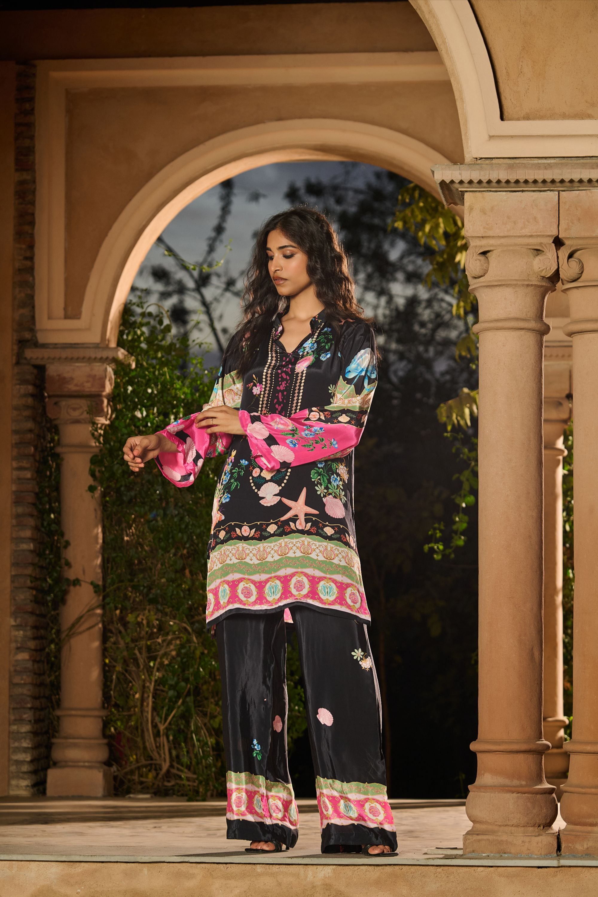 Silky Printed Co-Ord Set - Black