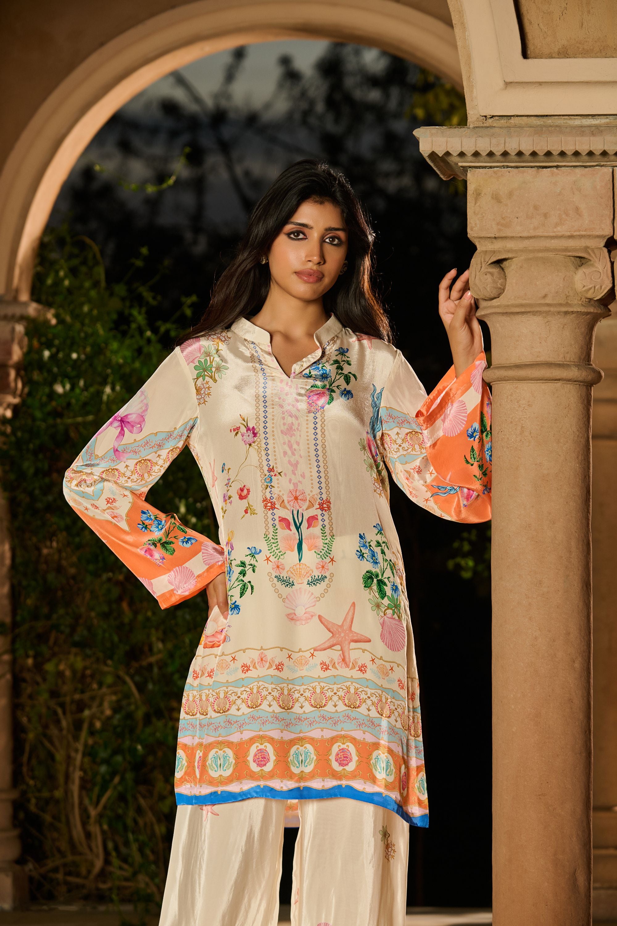 Silky Printed Co-Ord Set - Ivory