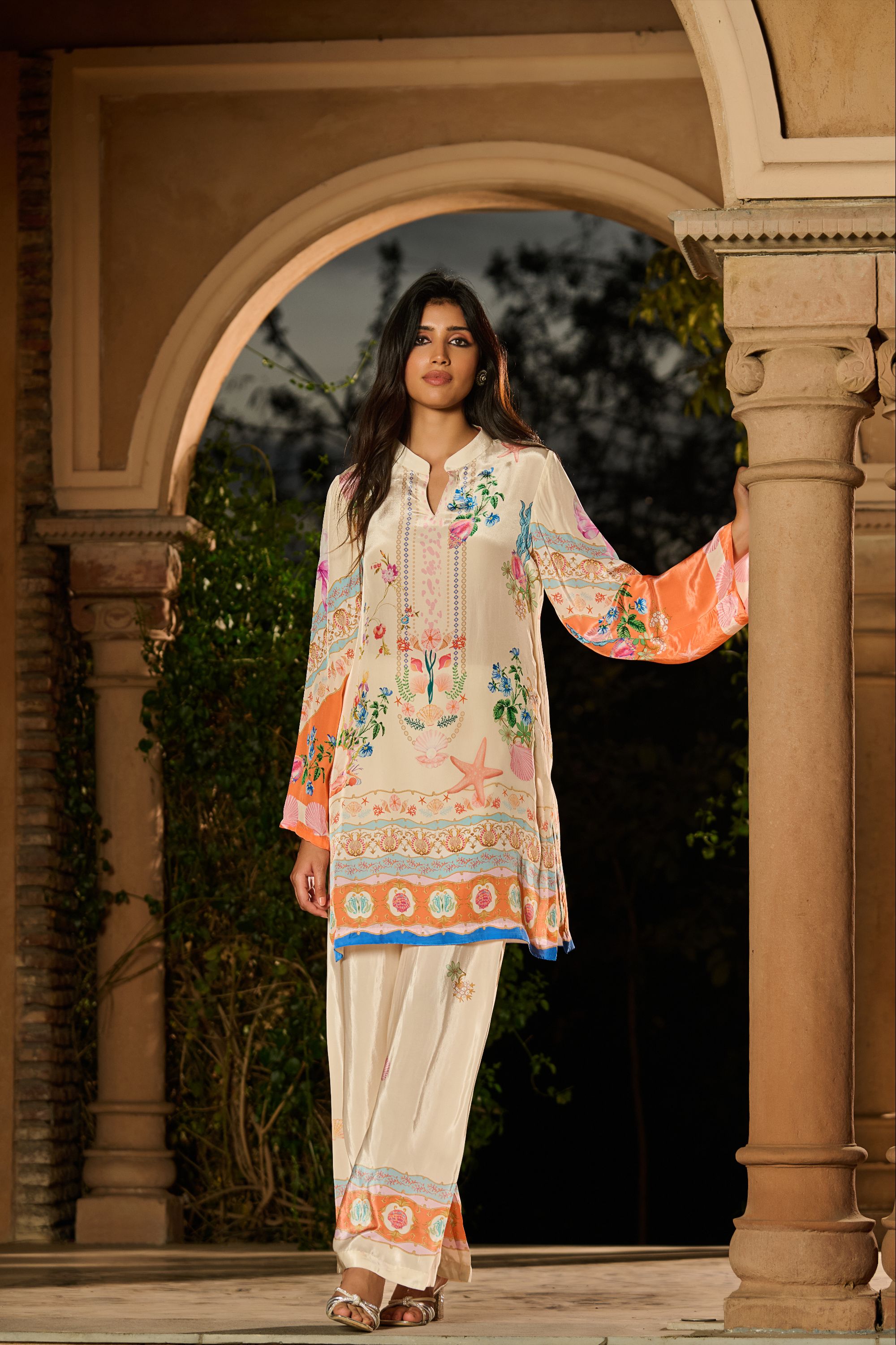 Silky Printed Co-Ord Set - Ivory