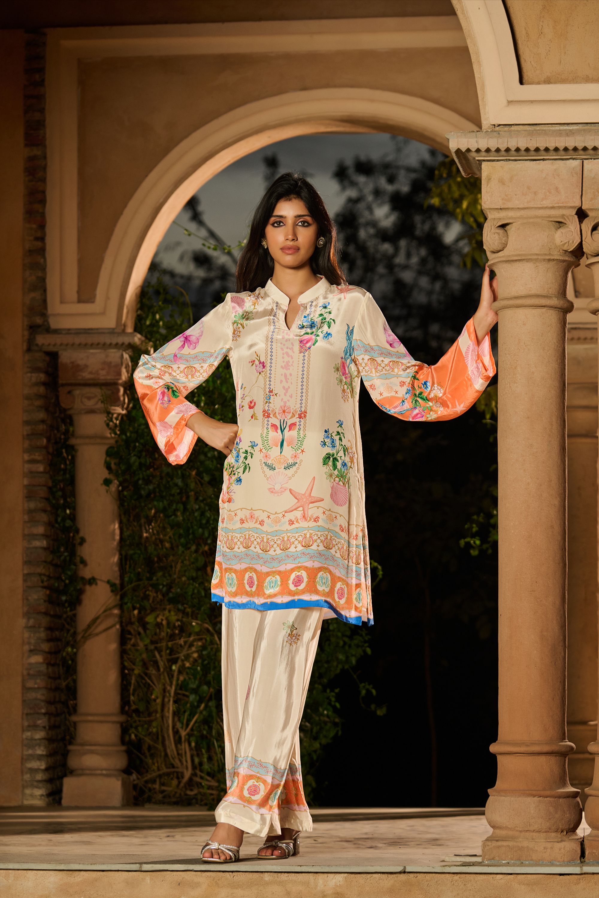 Silky Printed Co-Ord Set - Ivory