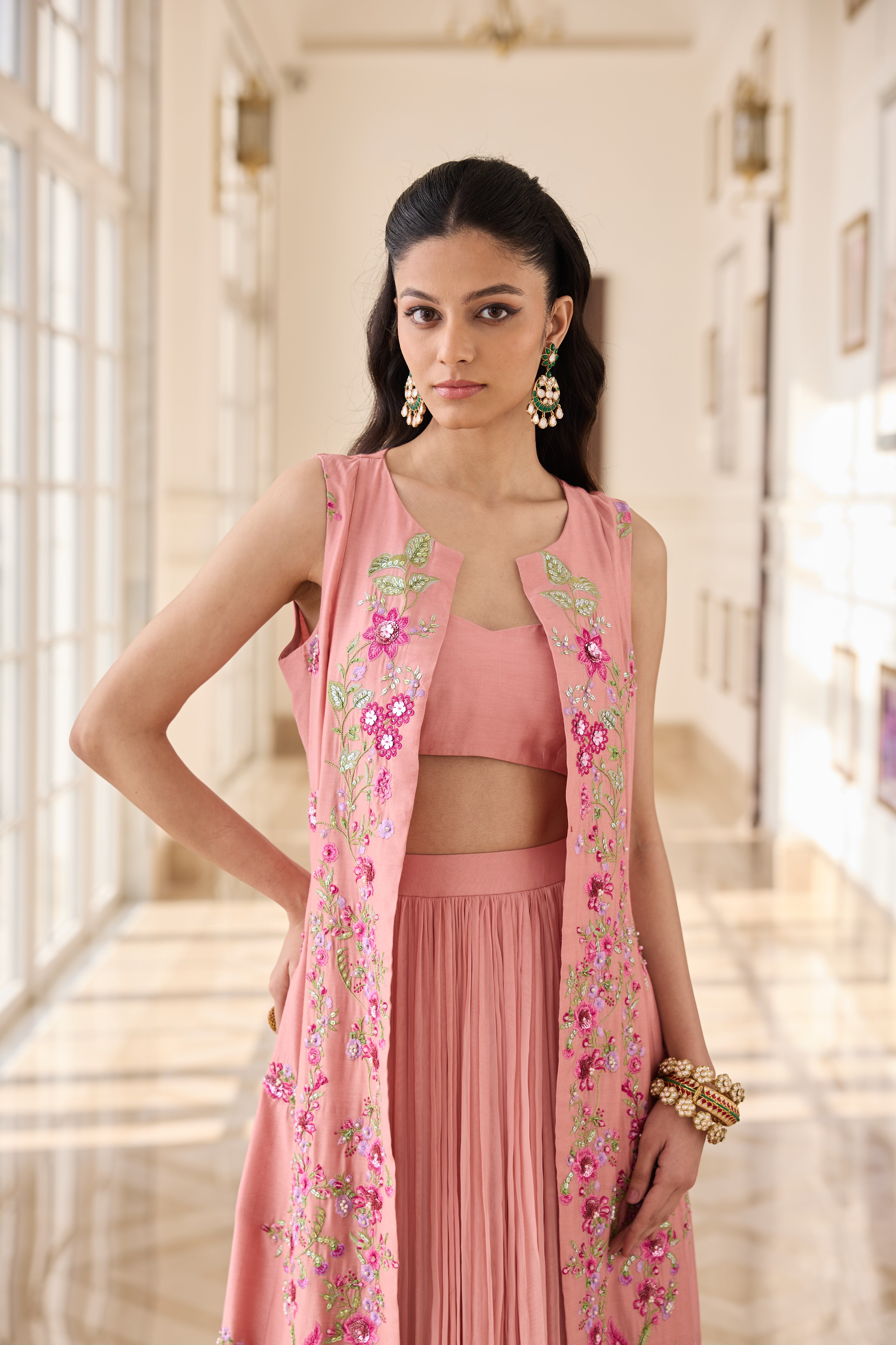 Hand Embelished Long jacket with Rushing Skirt and Bustier - Peach