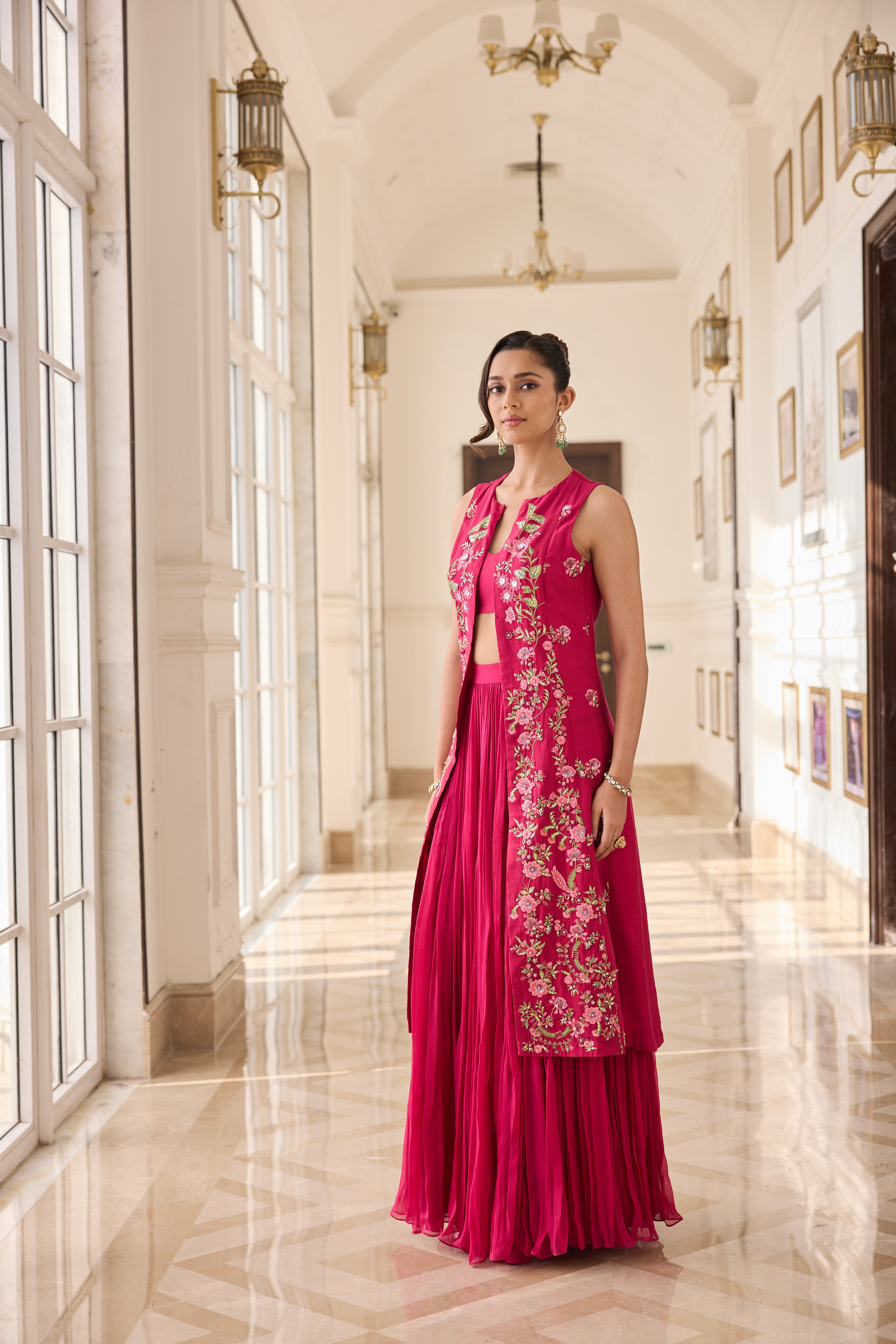 Hand Embelished Long jacket with Rushing Skirt and Bustier - Fuchsia Pink