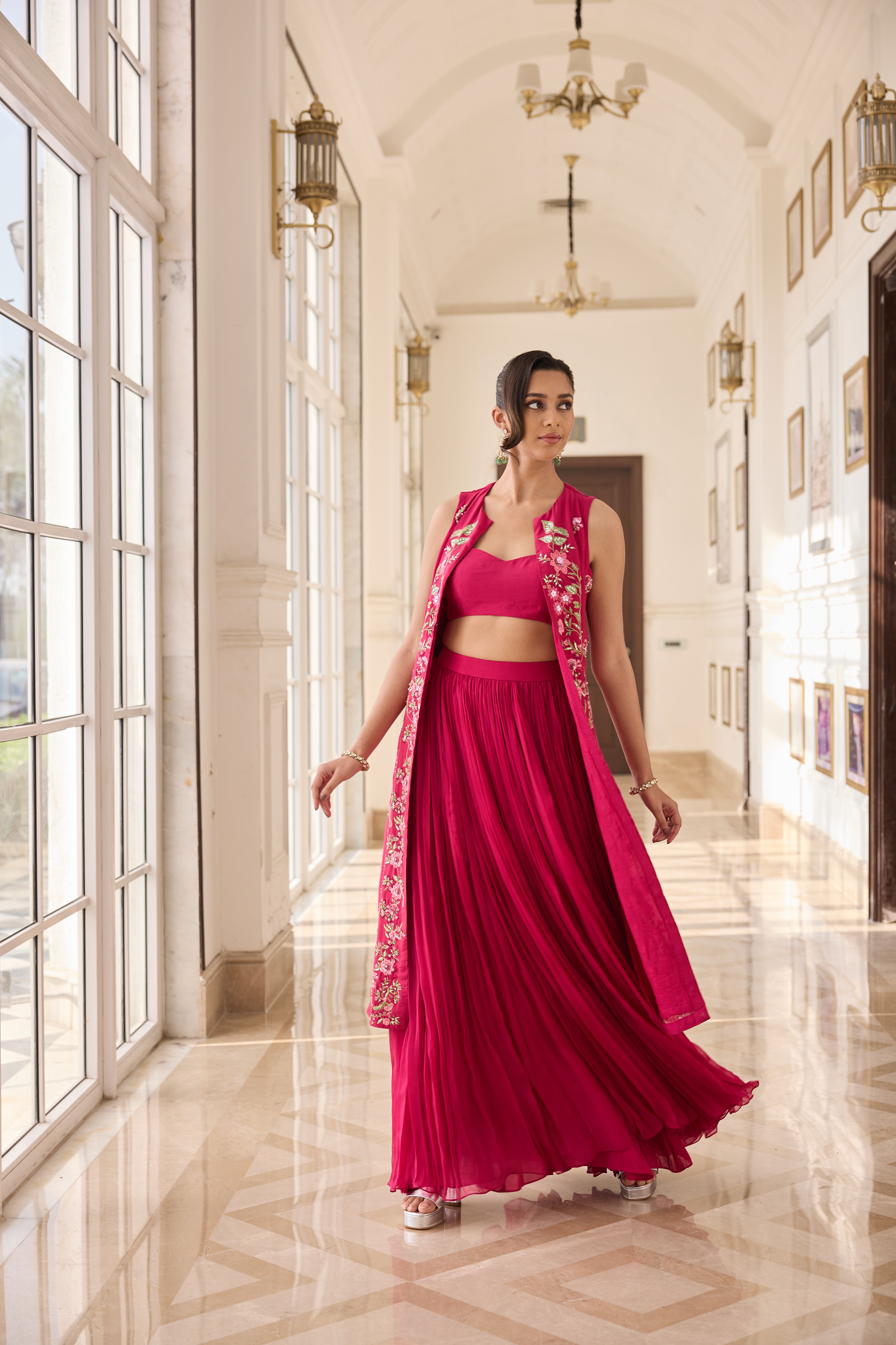 Hand Embelished Long jacket with Rushing Skirt and Bustier - Fuchsia Pink