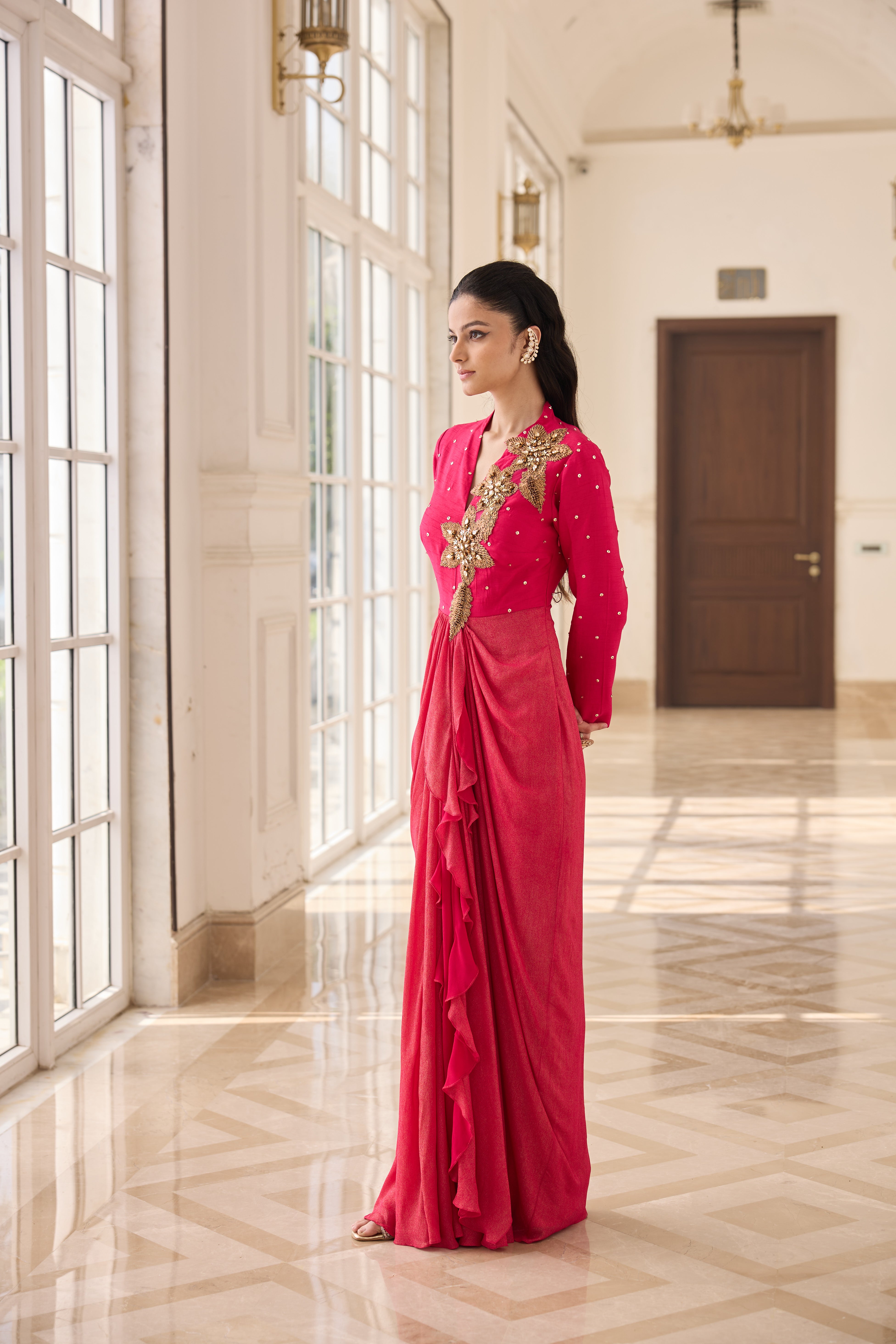 Hand-Embelished Draped Dress