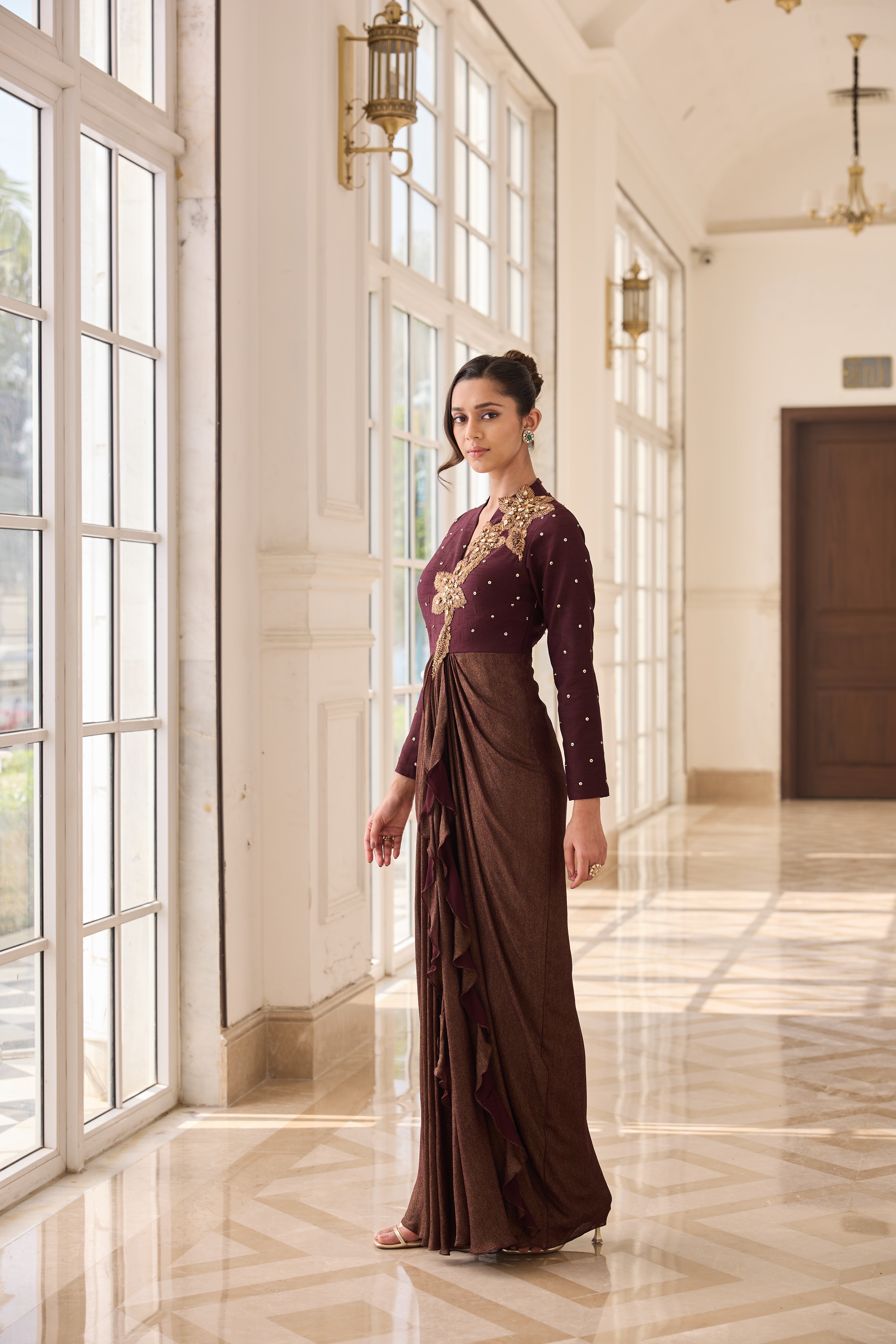 Hand-Embelished Draped Dress