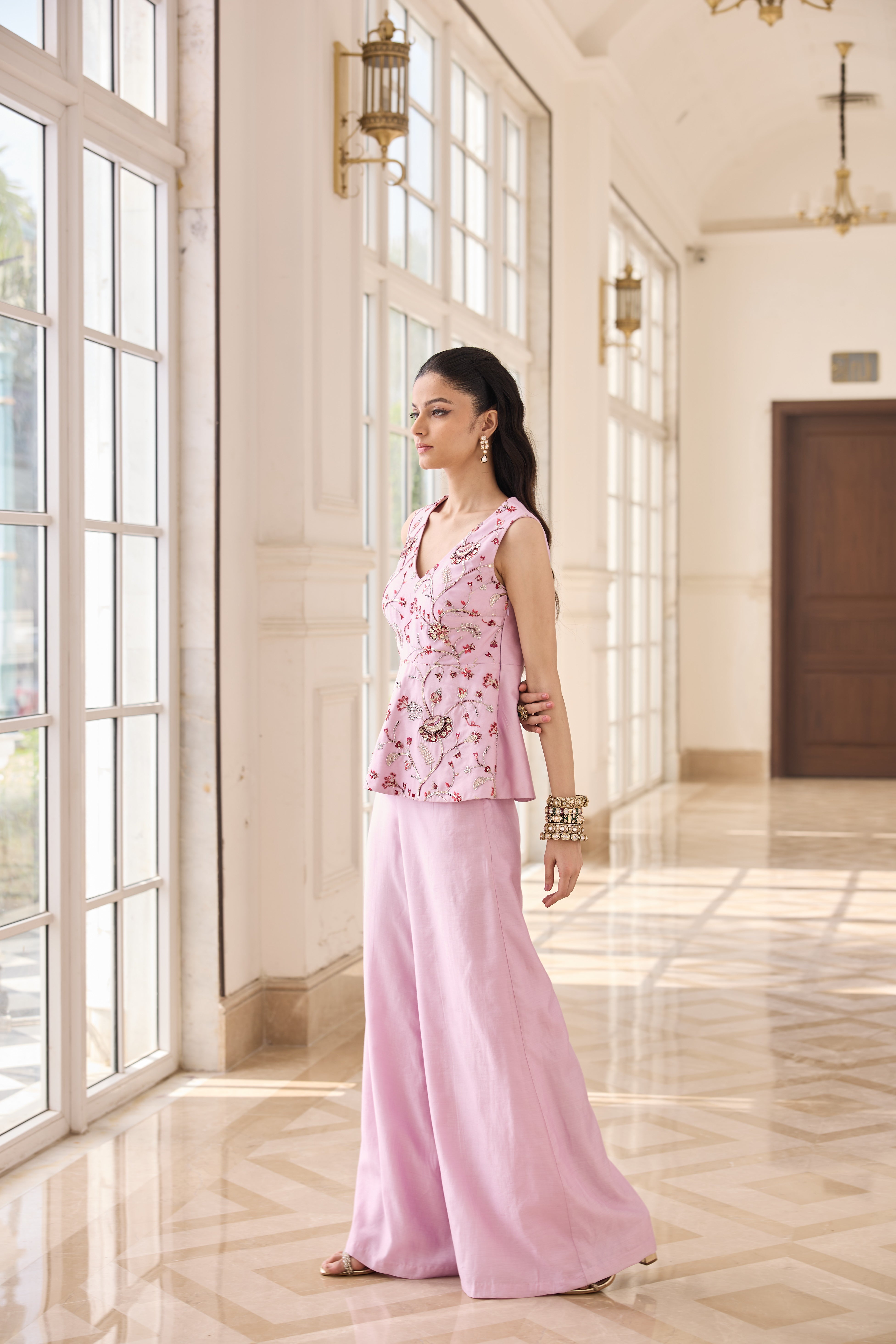 Hand Embroidered Peplum with Trousers - Powder Pink