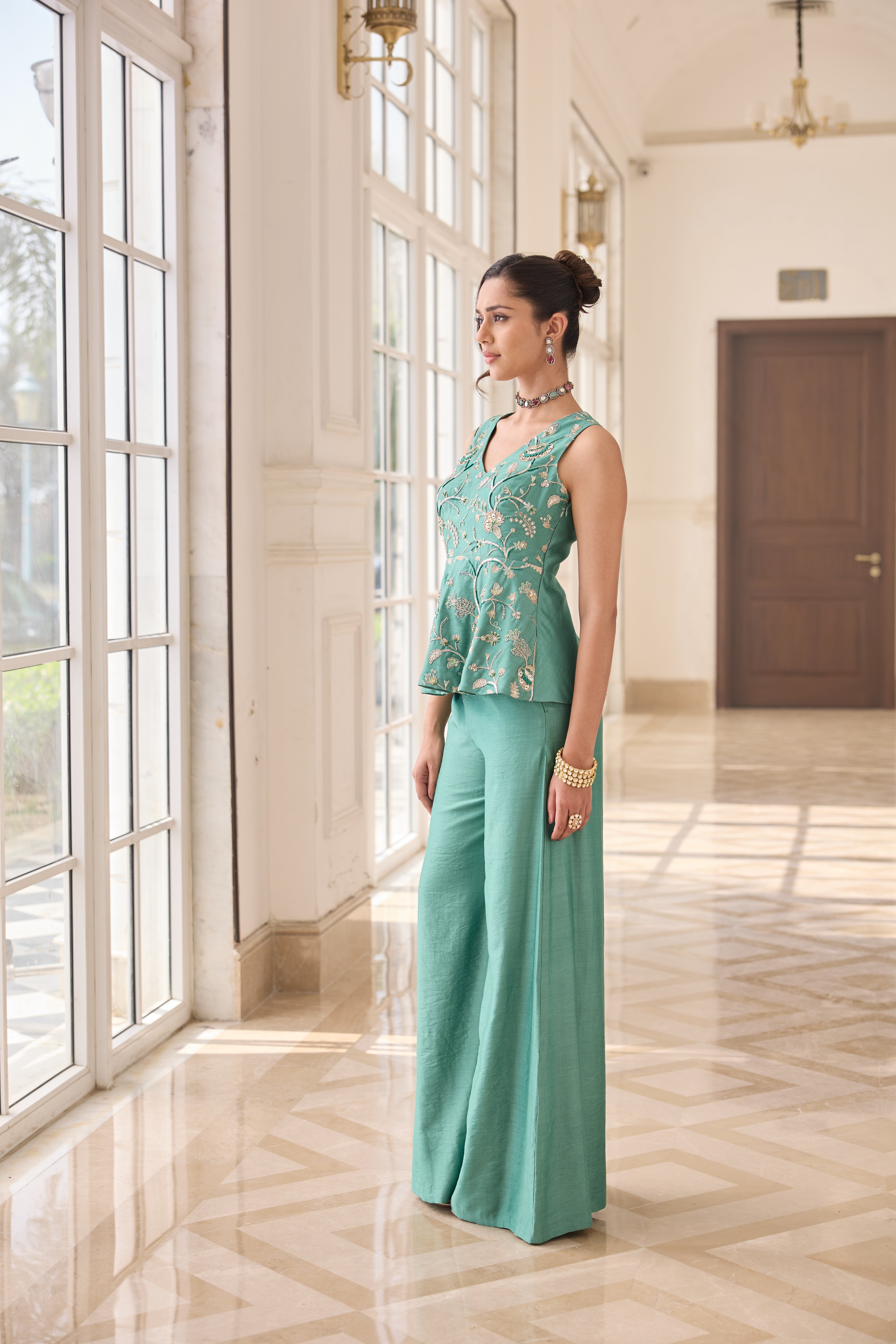 Hand Embroidered Peplum with Trousers - Aqua Green