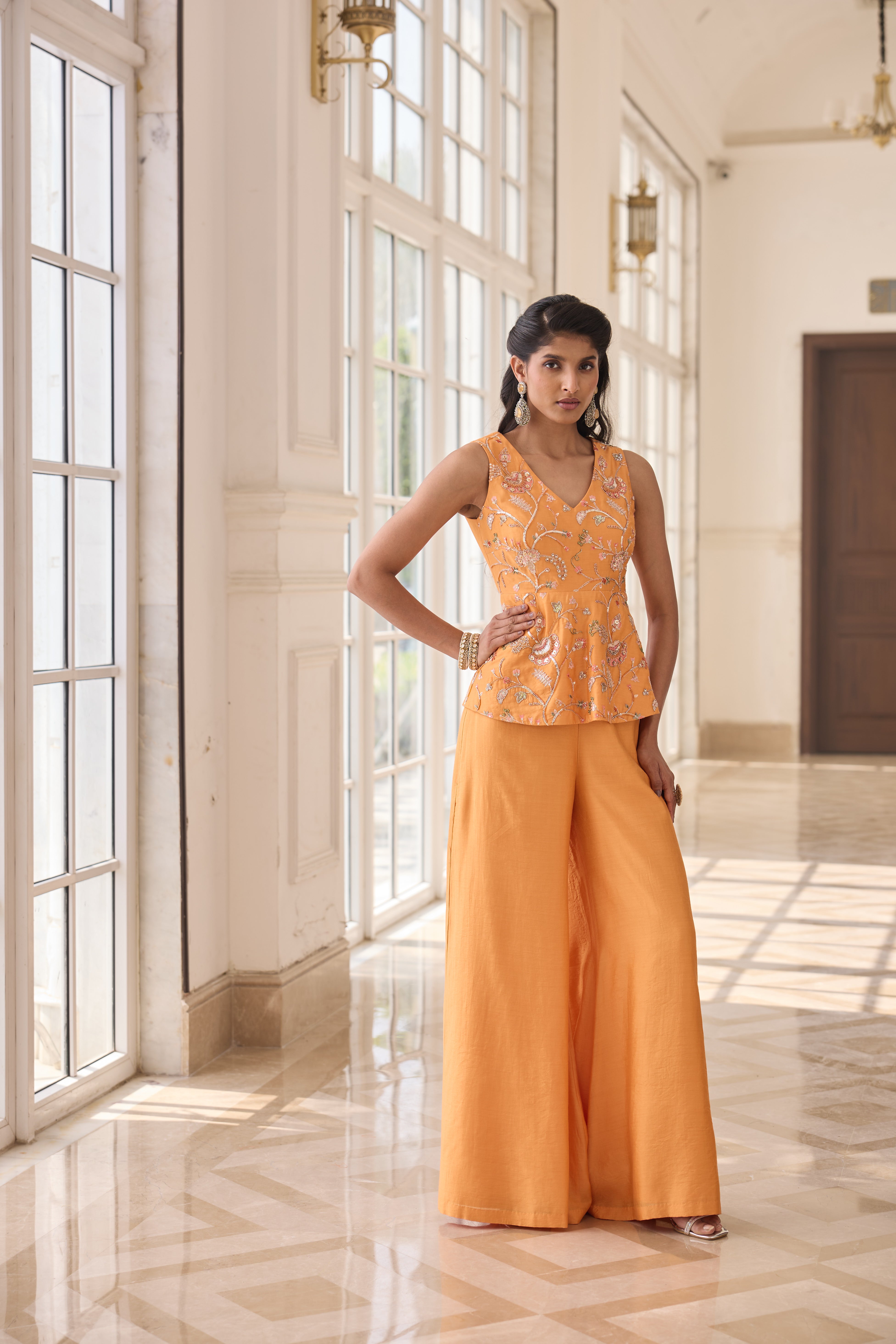 Hand Embroidered Peplum with Trousers - Autumn Orange