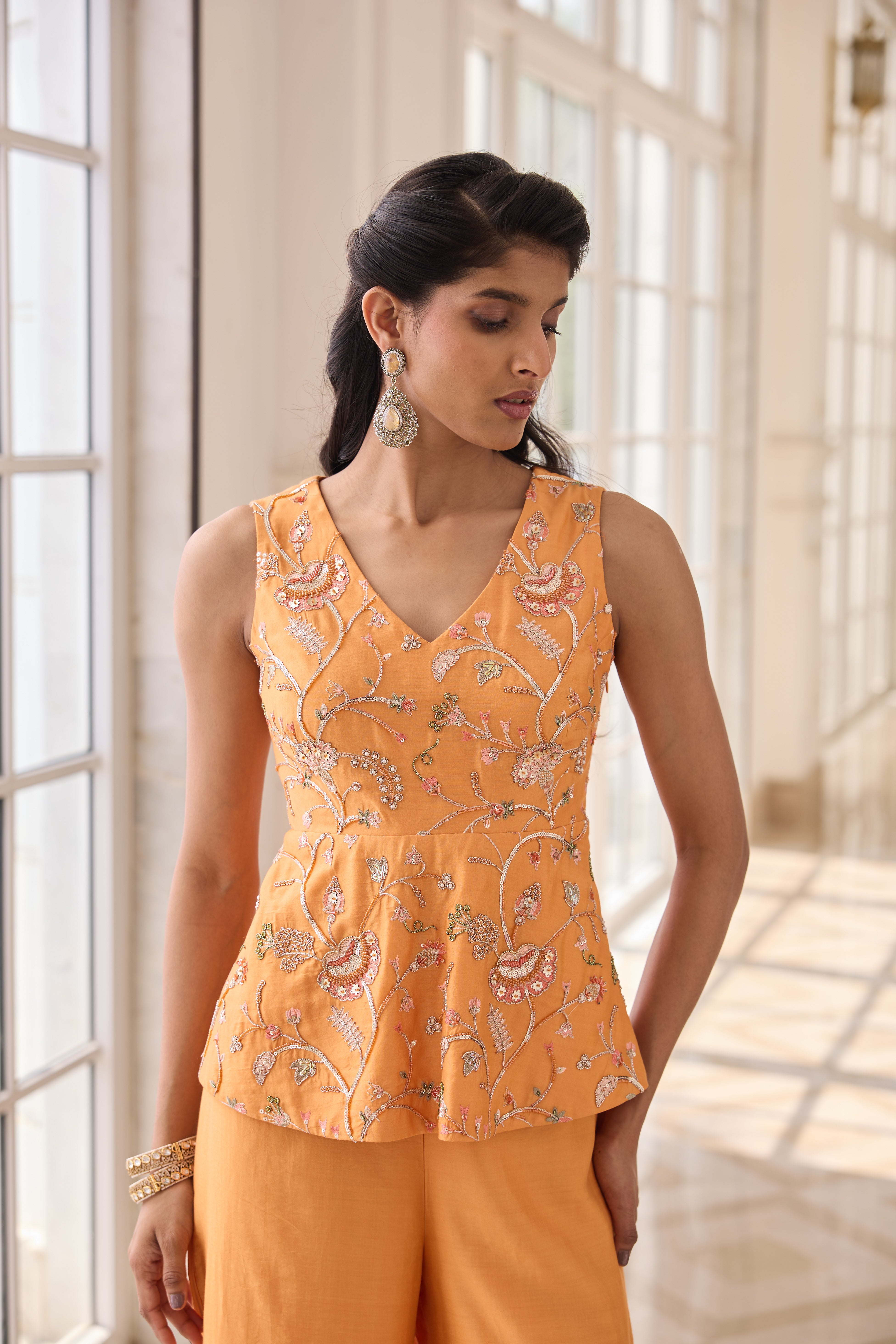 Hand Embroidered Peplum with Trousers - Autumn Orange