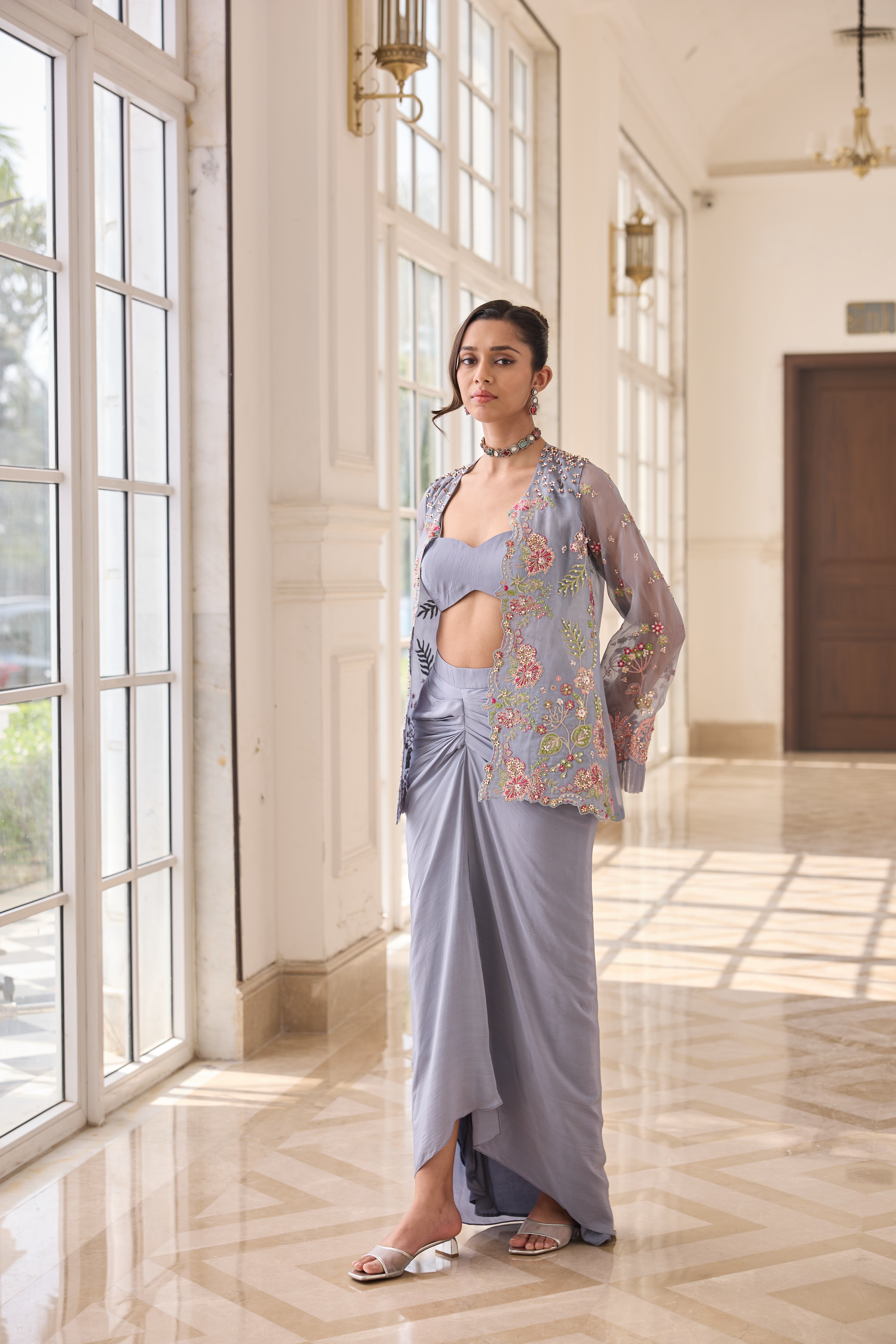 Hand Embroidered Jacket with Doti and Bustier - Powder blue