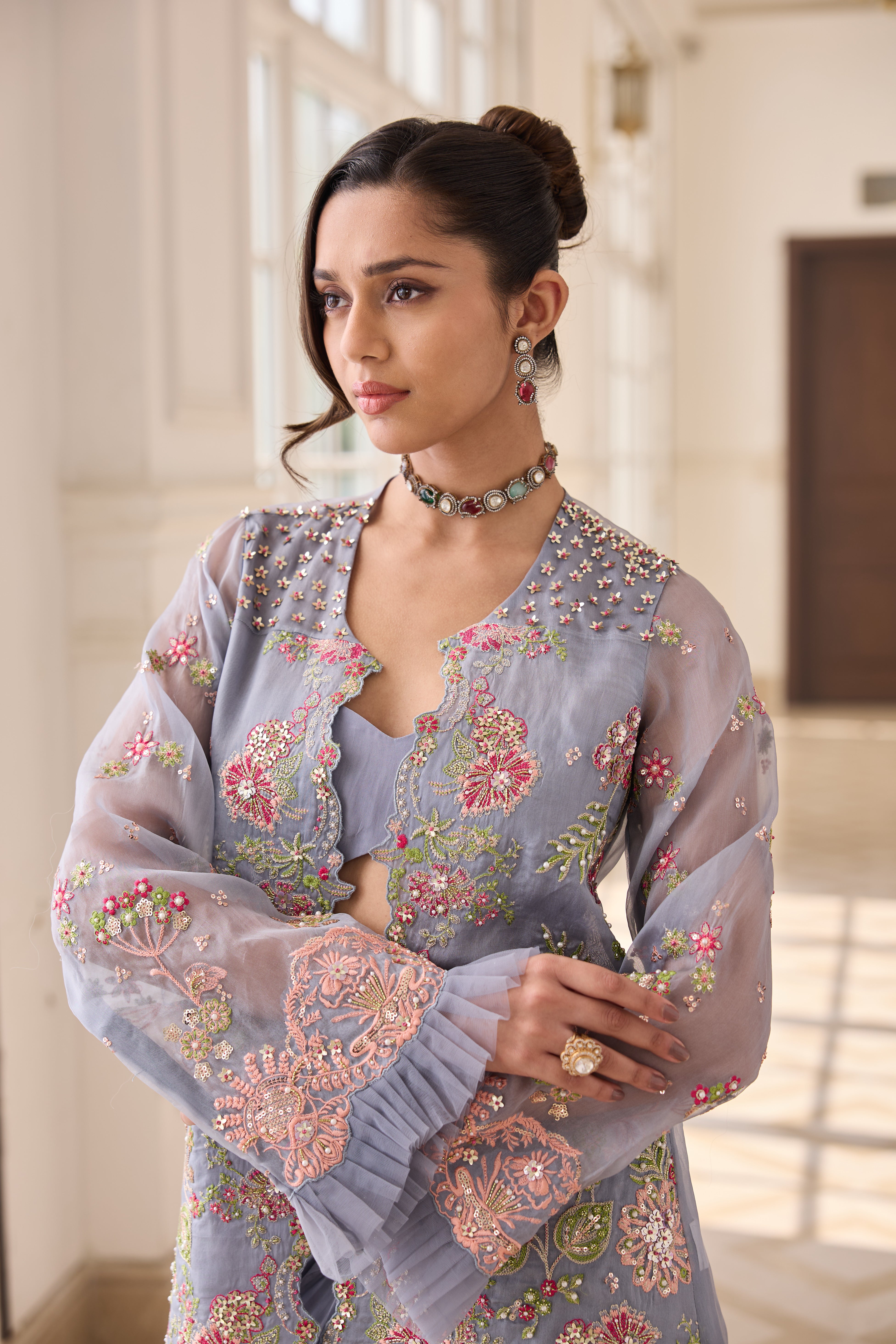 Hand Embroidered Jacket with Doti and Bustier - Powder blue